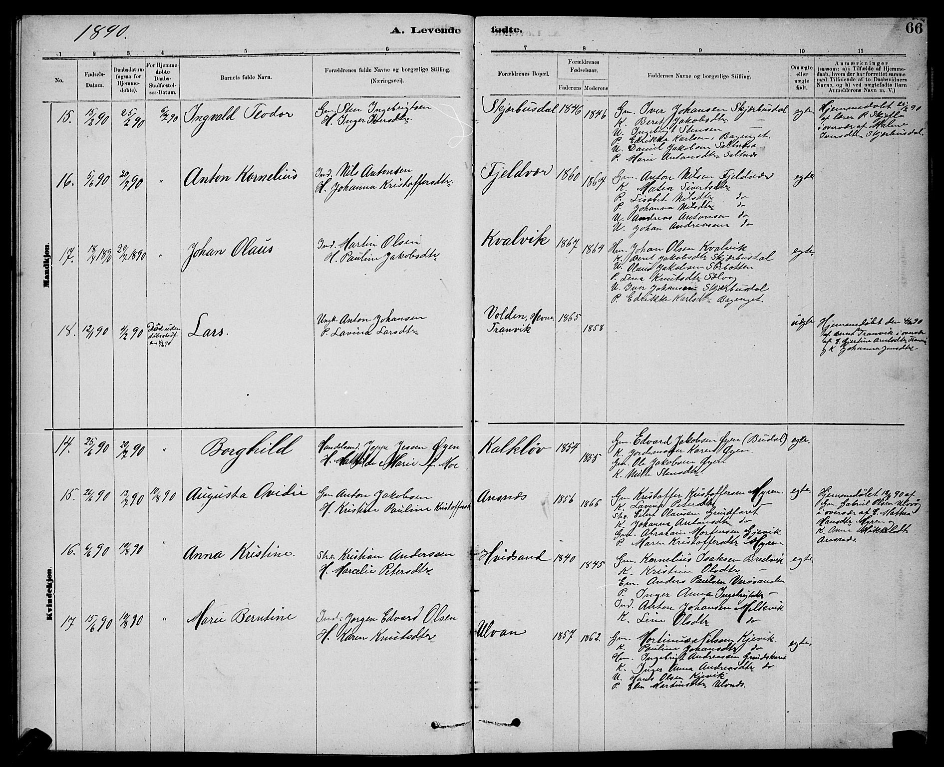 Ministerialprotokoller, klokkerbøker og fødselsregistre - Sør-Trøndelag, AV/SAT-A-1456/637/L0562: Parish register (copy) no. 637C03, 1883-1898, p. 66