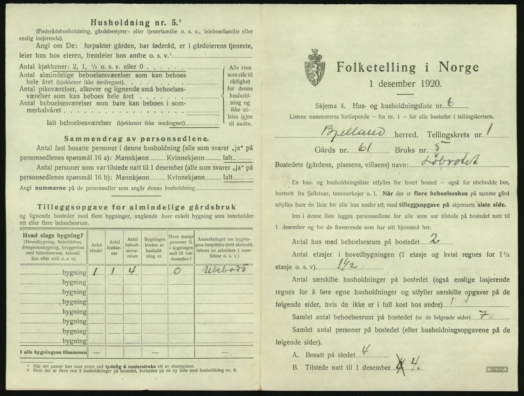 SAK, 1920 census for Bjelland, 1920, p. 49