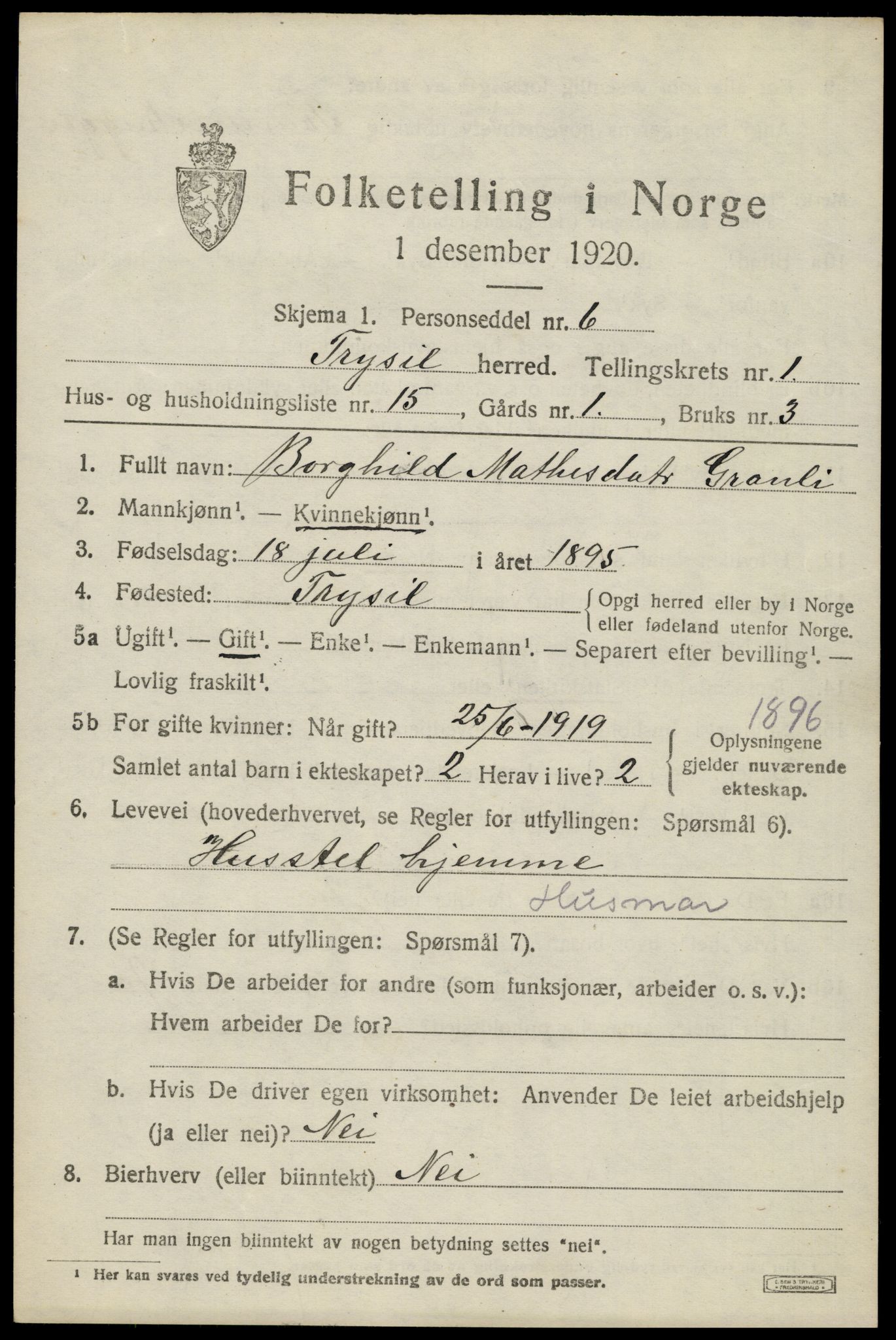 SAH, 1920 census for Trysil, 1920, p. 2735