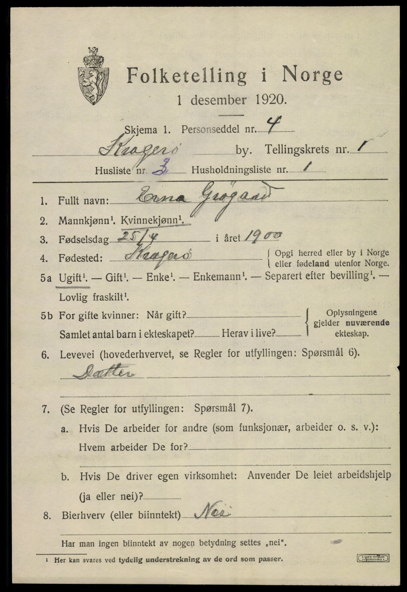 SAKO, 1920 census for Kragerø, 1920, p. 4395