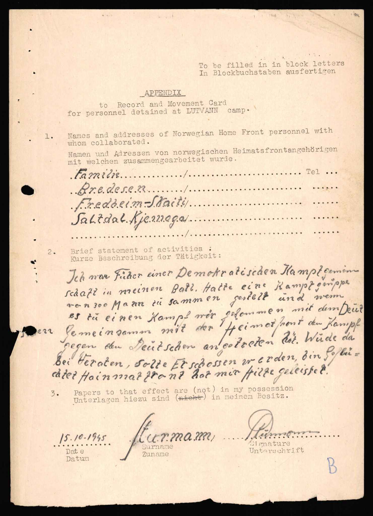 Forsvaret, Forsvarets overkommando II, AV/RA-RAFA-3915/D/Db/L0040: CI Questionaires. Tyske okkupasjonsstyrker i Norge. Østerrikere., 1945-1946, p. 268