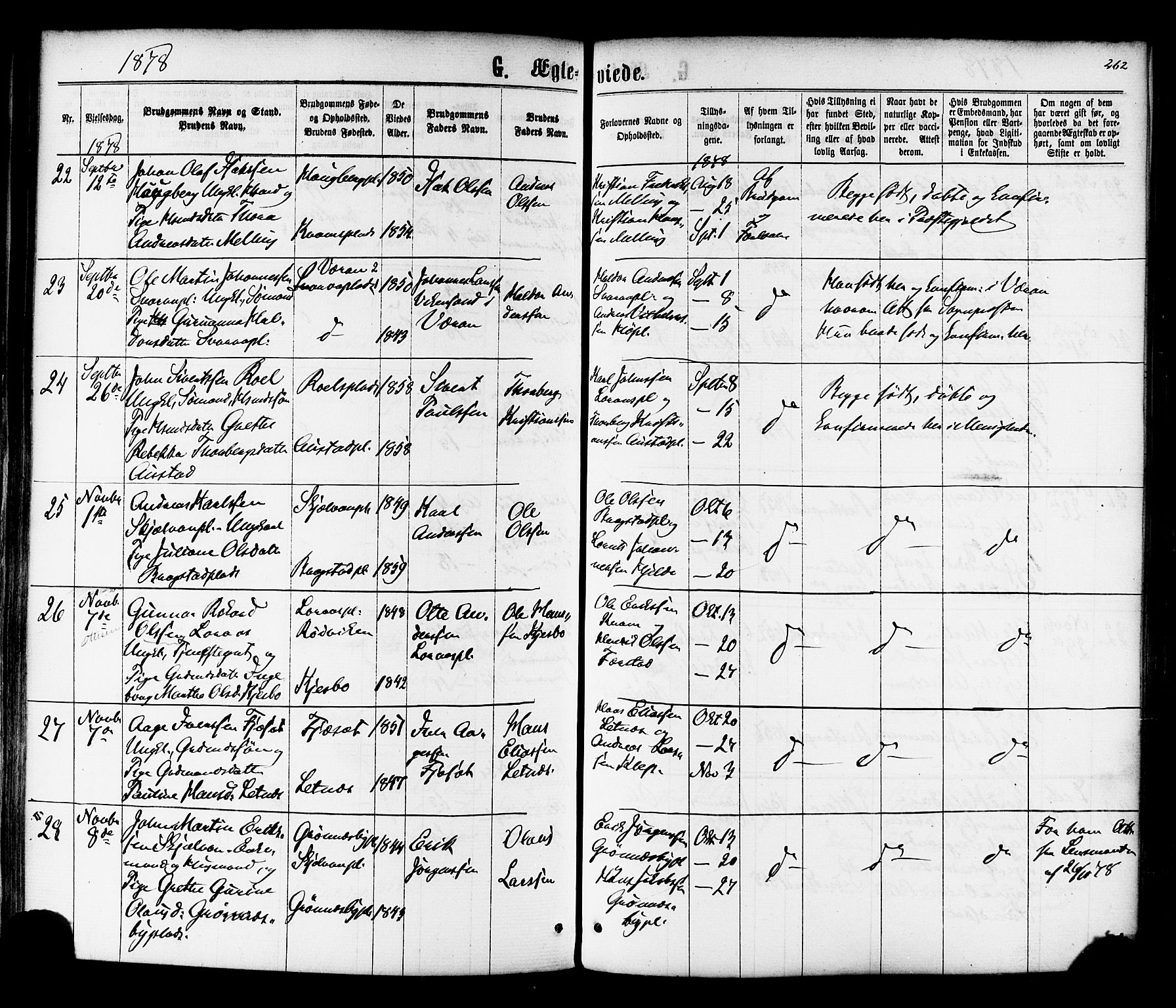 Ministerialprotokoller, klokkerbøker og fødselsregistre - Nord-Trøndelag, AV/SAT-A-1458/730/L0284: Parish register (official) no. 730A09, 1866-1878, p. 262