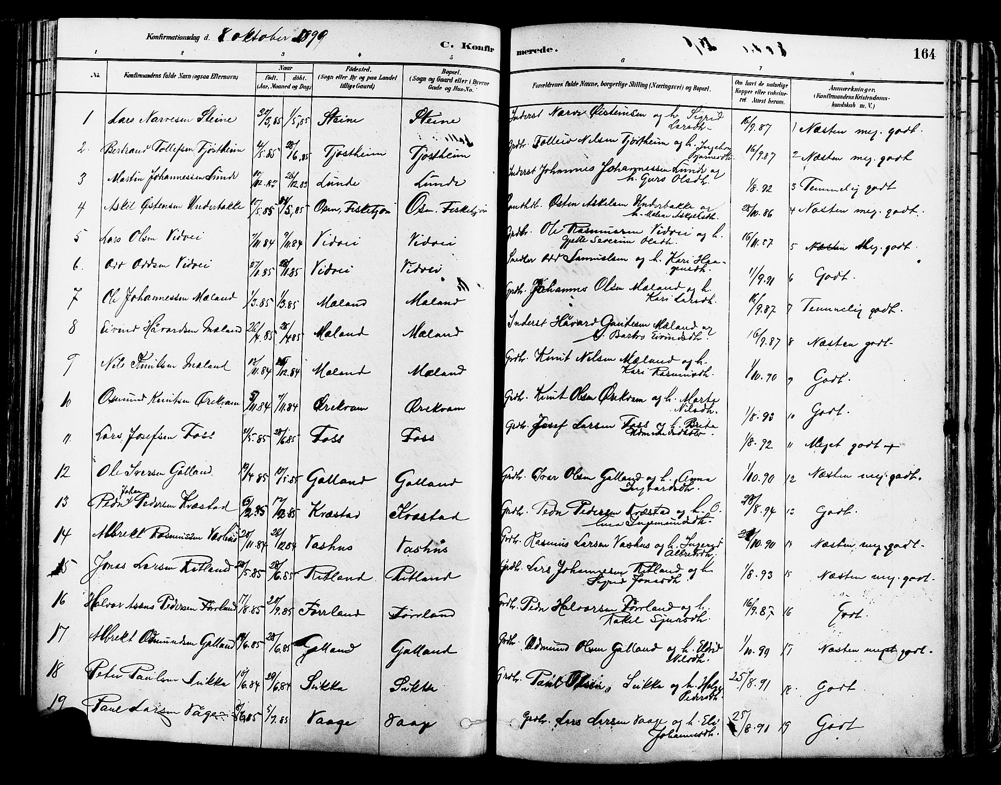 Suldal sokneprestkontor, AV/SAST-A-101845/01/IV/L0011: Parish register (official) no. A 11, 1878-1900, p. 164