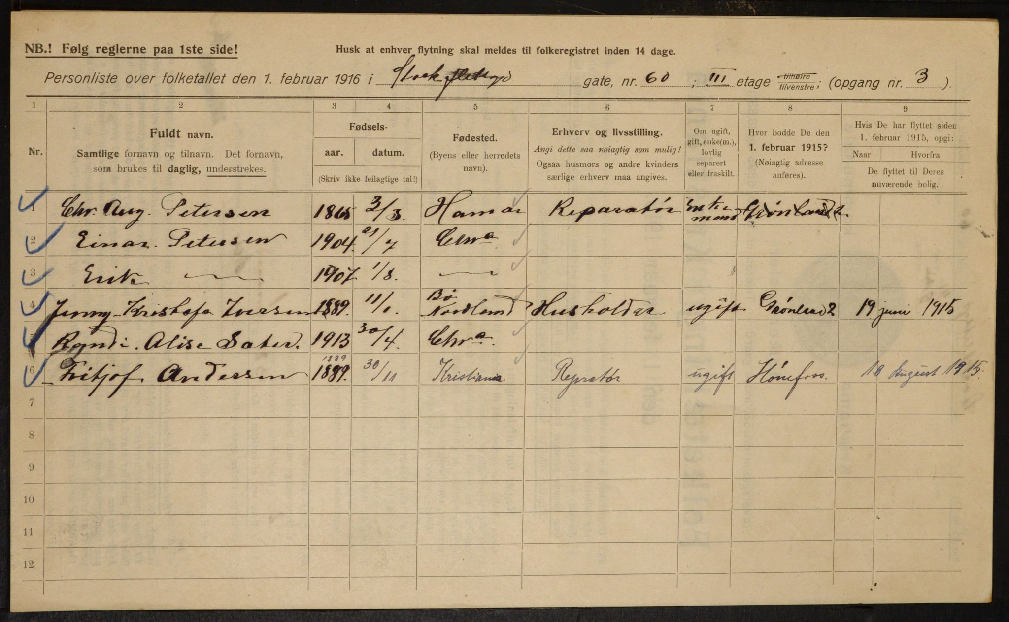 OBA, Municipal Census 1916 for Kristiania, 1916, p. 105176