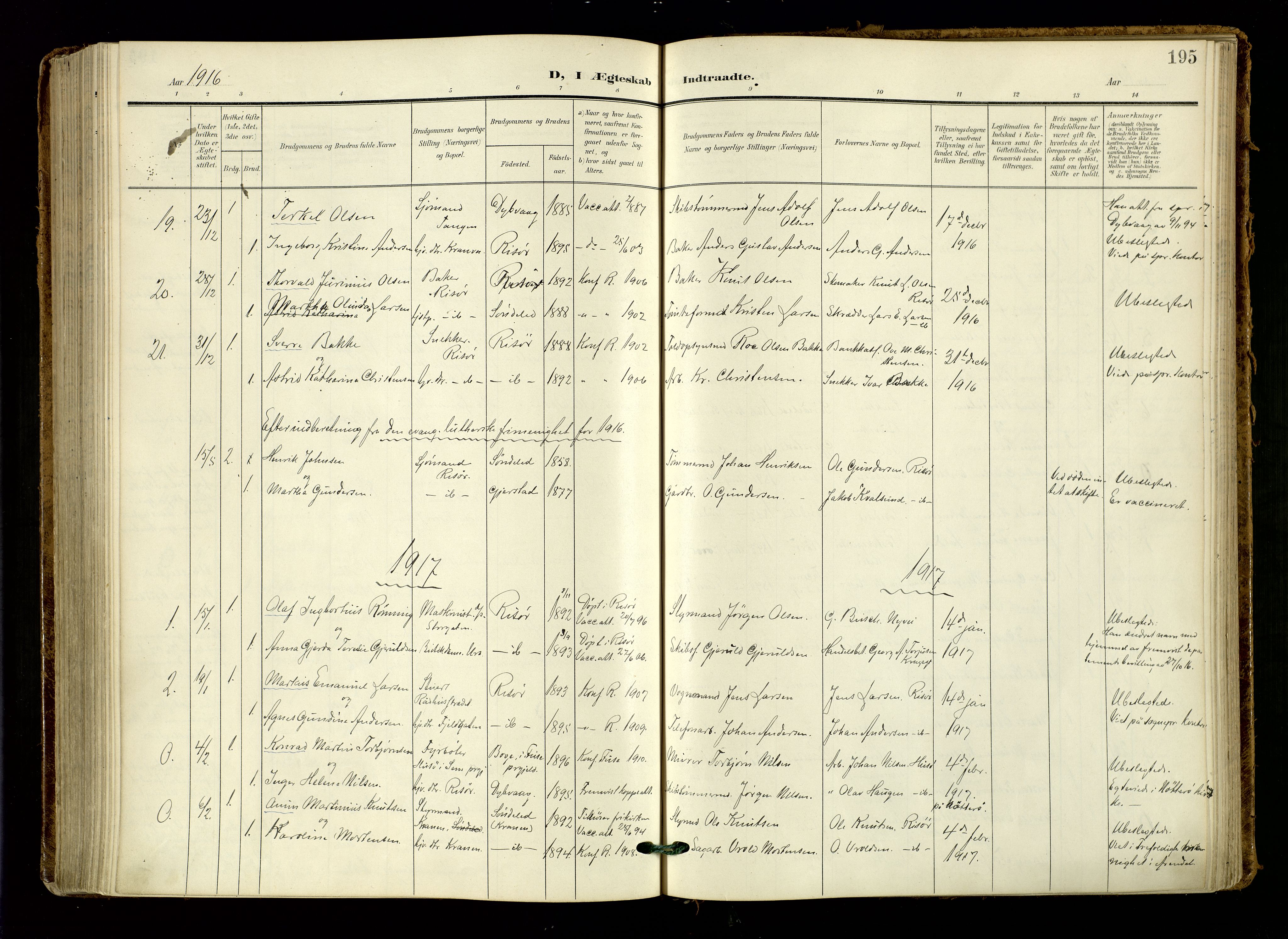Risør sokneprestkontor, SAK/1111-0035/F/Fa/L0011: Parish register (official) no. A 11, 1907-1920, p. 195