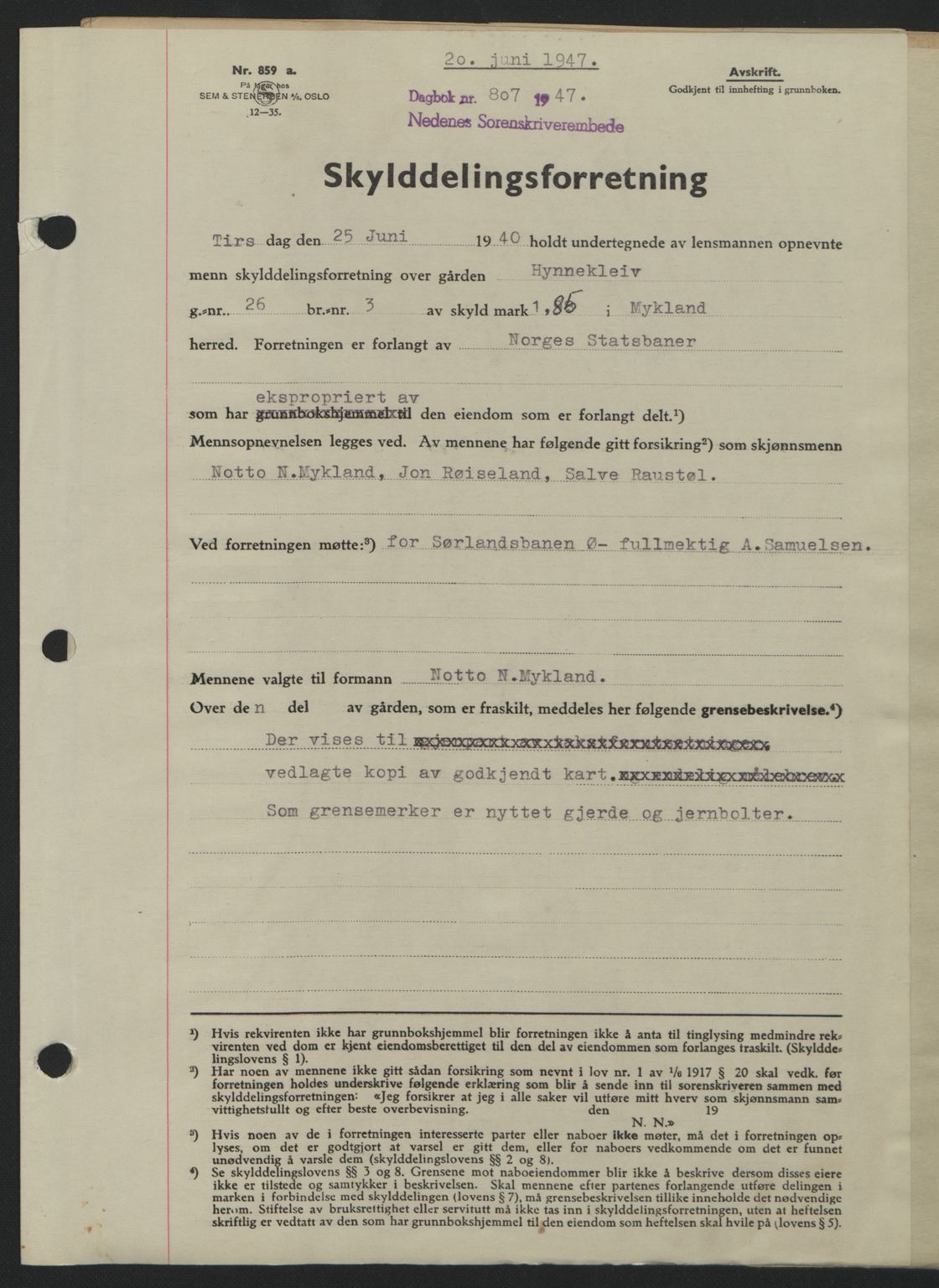 Nedenes sorenskriveri, AV/SAK-1221-0006/G/Gb/Gba/L0057: Mortgage book no. A9, 1947-1947, Diary no: : 807/1947