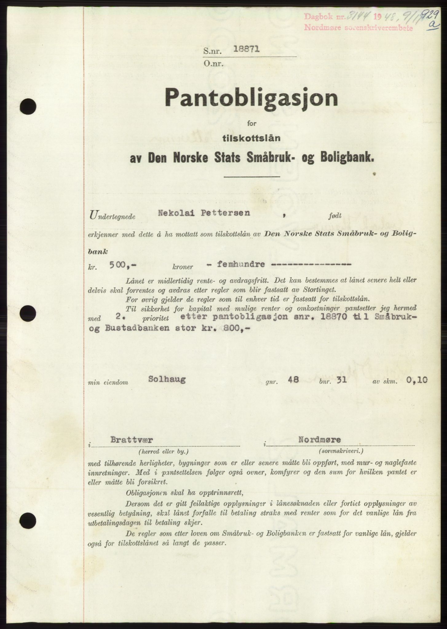 Nordmøre sorenskriveri, AV/SAT-A-4132/1/2/2Ca: Mortgage book no. B99, 1948-1948, Diary no: : 3144/1948