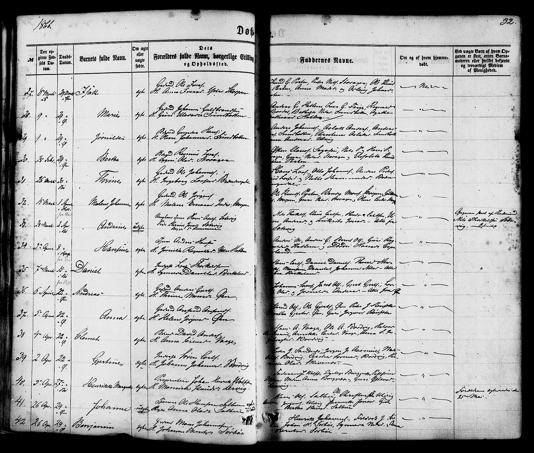 Hyllestad sokneprestembete, AV/SAB-A-80401: Parish register (official) no. A 1, 1861-1886, p. 32