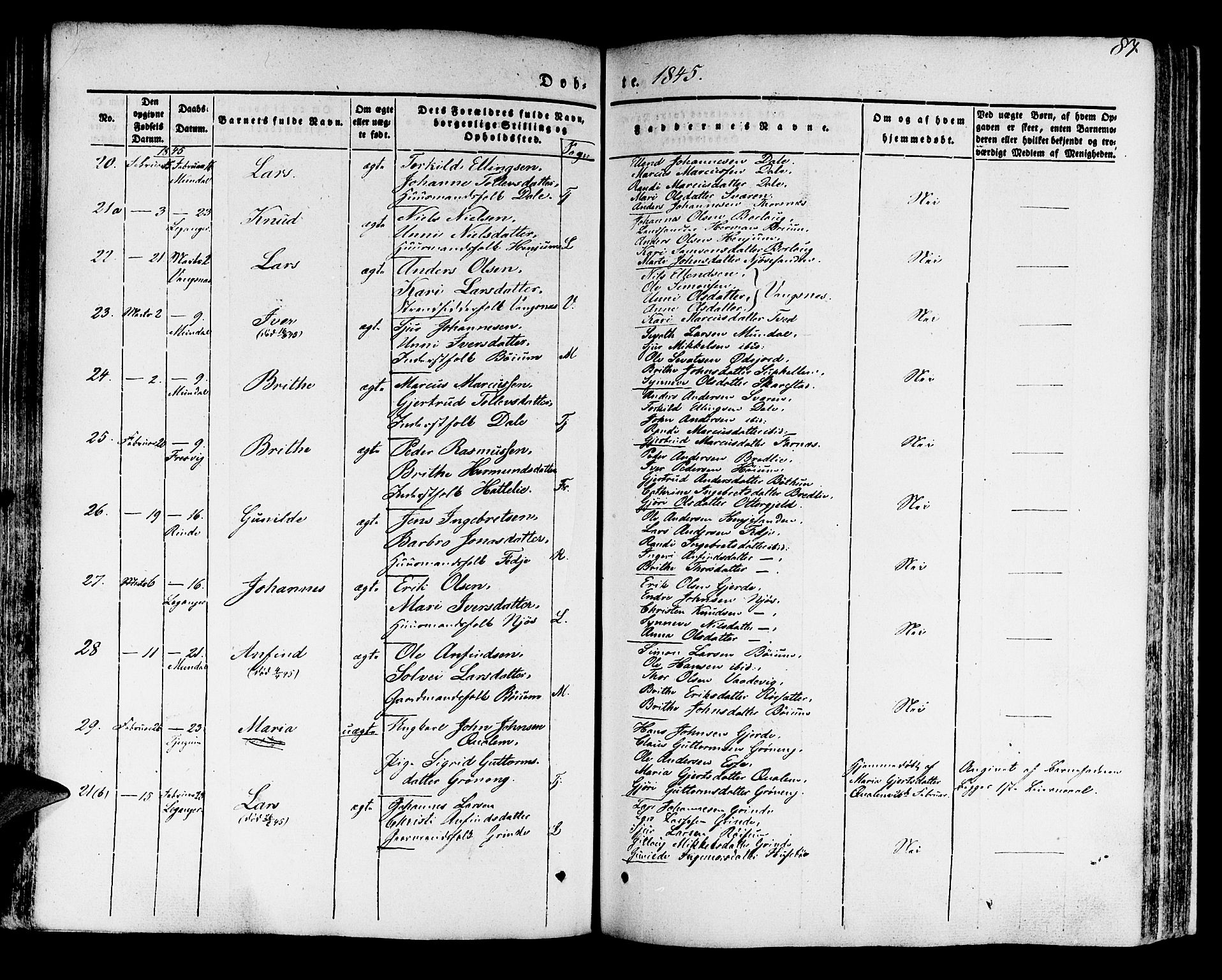 Leikanger sokneprestembete, AV/SAB-A-81001/H/Haa/Haaa/L0007: Parish register (official) no. A 7, 1838-1851, p. 87