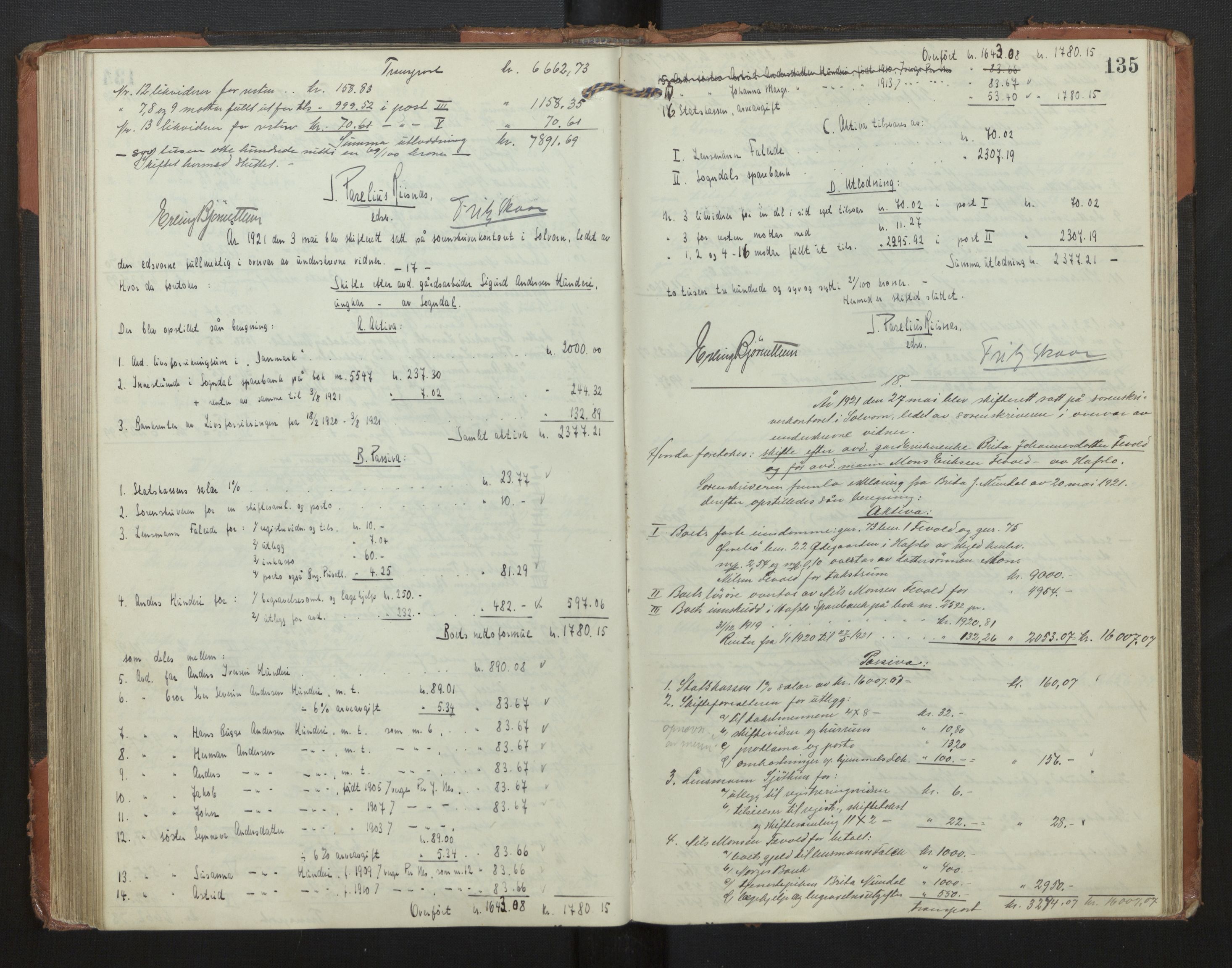 Indre Sogn tingrett, AV/SAB-A-3301/1/H/Hd/L0008: Skifteutlodningsprotokoll 8, 1912-1923, p. 134b-135a