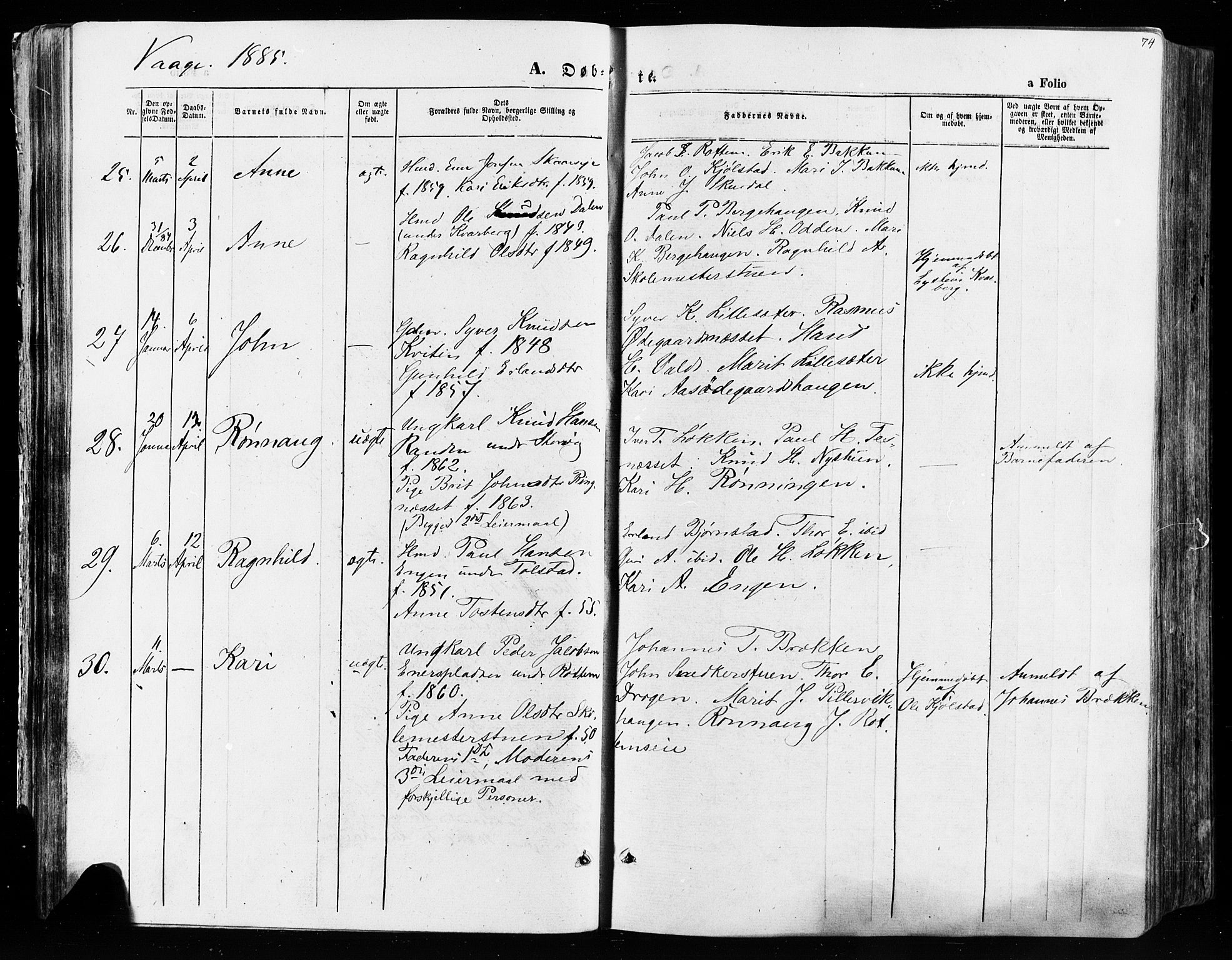 Vågå prestekontor, AV/SAH-PREST-076/H/Ha/Haa/L0007: Parish register (official) no. 7 /1, 1872-1886, p. 74