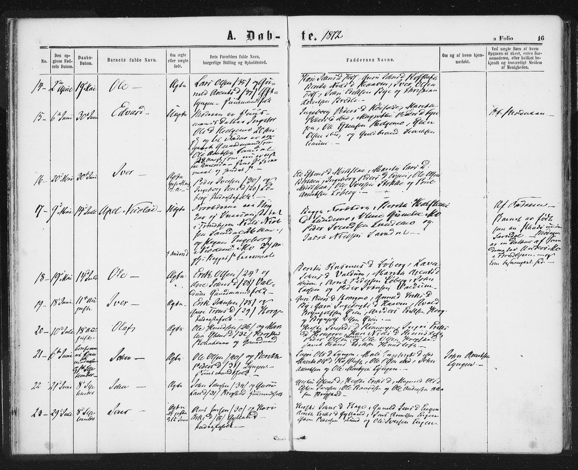 Ministerialprotokoller, klokkerbøker og fødselsregistre - Sør-Trøndelag, AV/SAT-A-1456/692/L1104: Parish register (official) no. 692A04, 1862-1878, p. 16