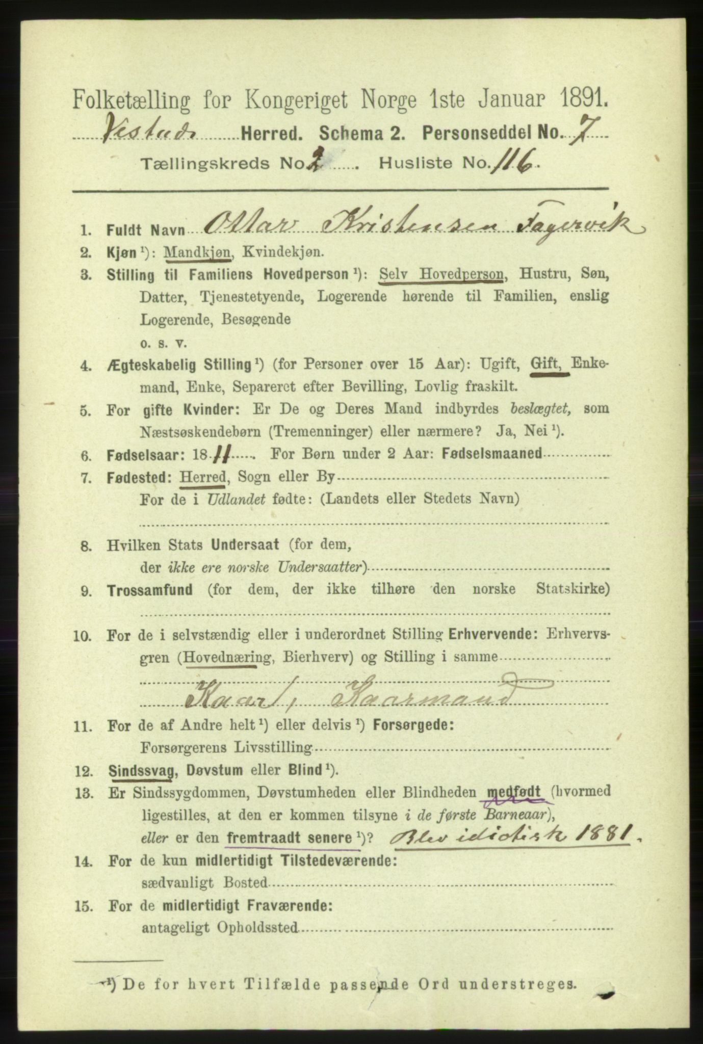 RA, 1891 census for 1535 Vestnes, 1891, p. 804