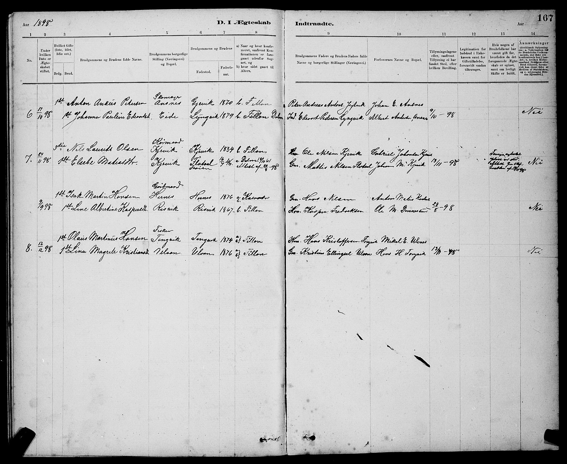 Ministerialprotokoller, klokkerbøker og fødselsregistre - Sør-Trøndelag, SAT/A-1456/637/L0562: Parish register (copy) no. 637C03, 1883-1898, p. 167