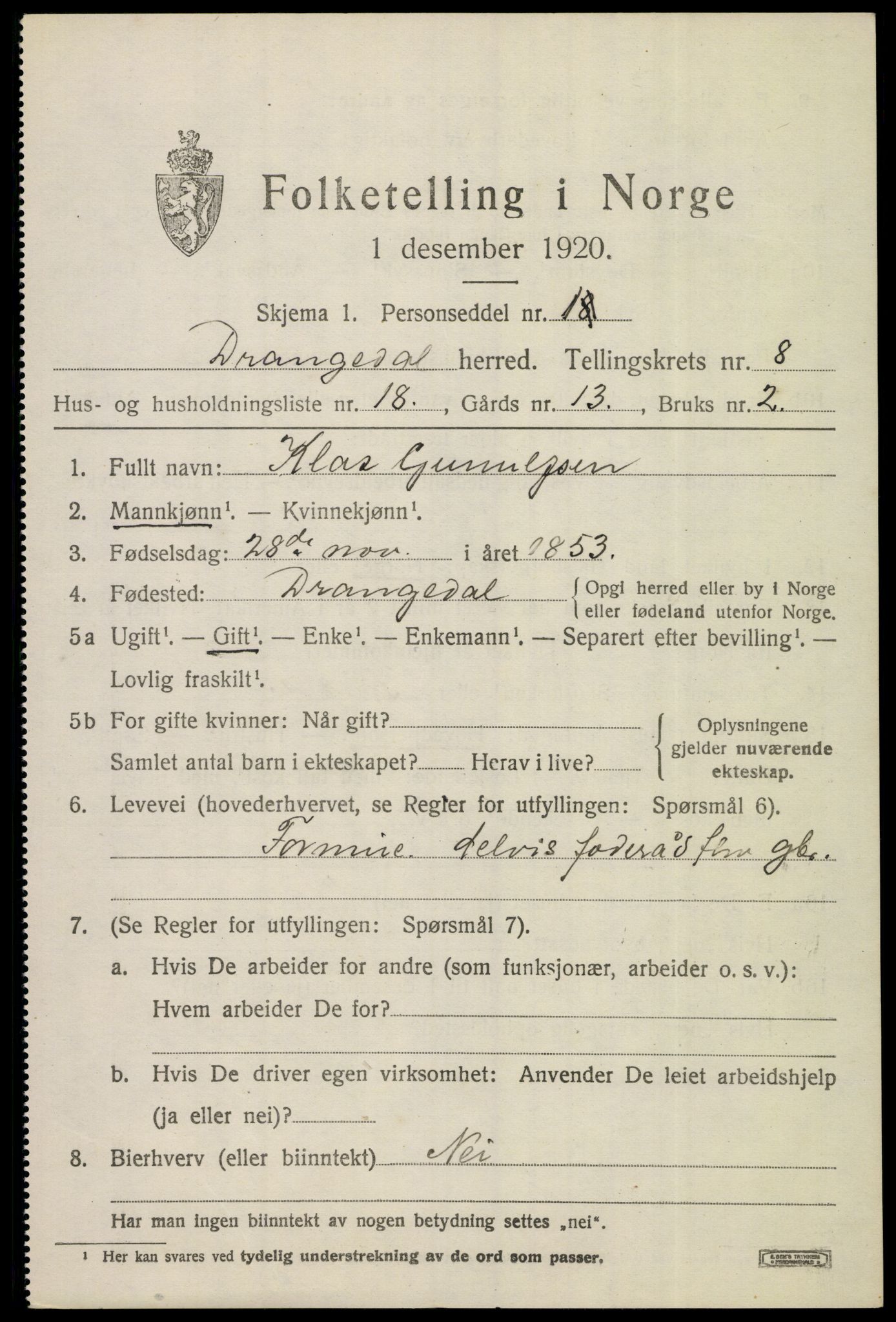 SAKO, 1920 census for Drangedal, 1920, p. 5141