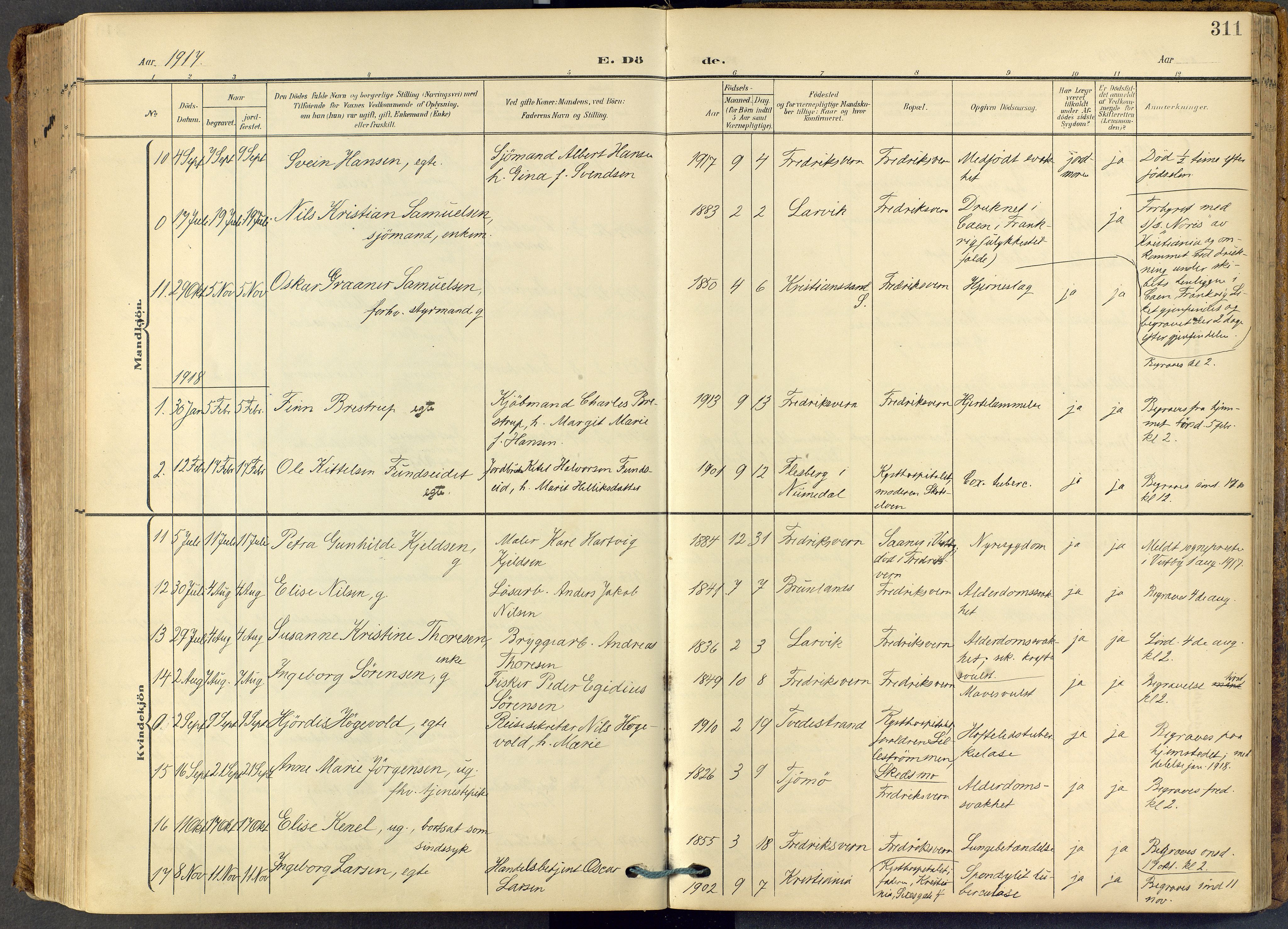 Stavern kirkebøker, SAKO/A-318/F/Fa/L0009: Parish register (official) no. 9, 1906-1955, p. 311