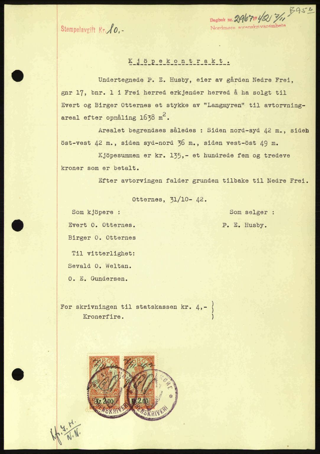 Nordmøre sorenskriveri, AV/SAT-A-4132/1/2/2Ca: Mortgage book no. B90, 1942-1943, Diary no: : 2967/1942