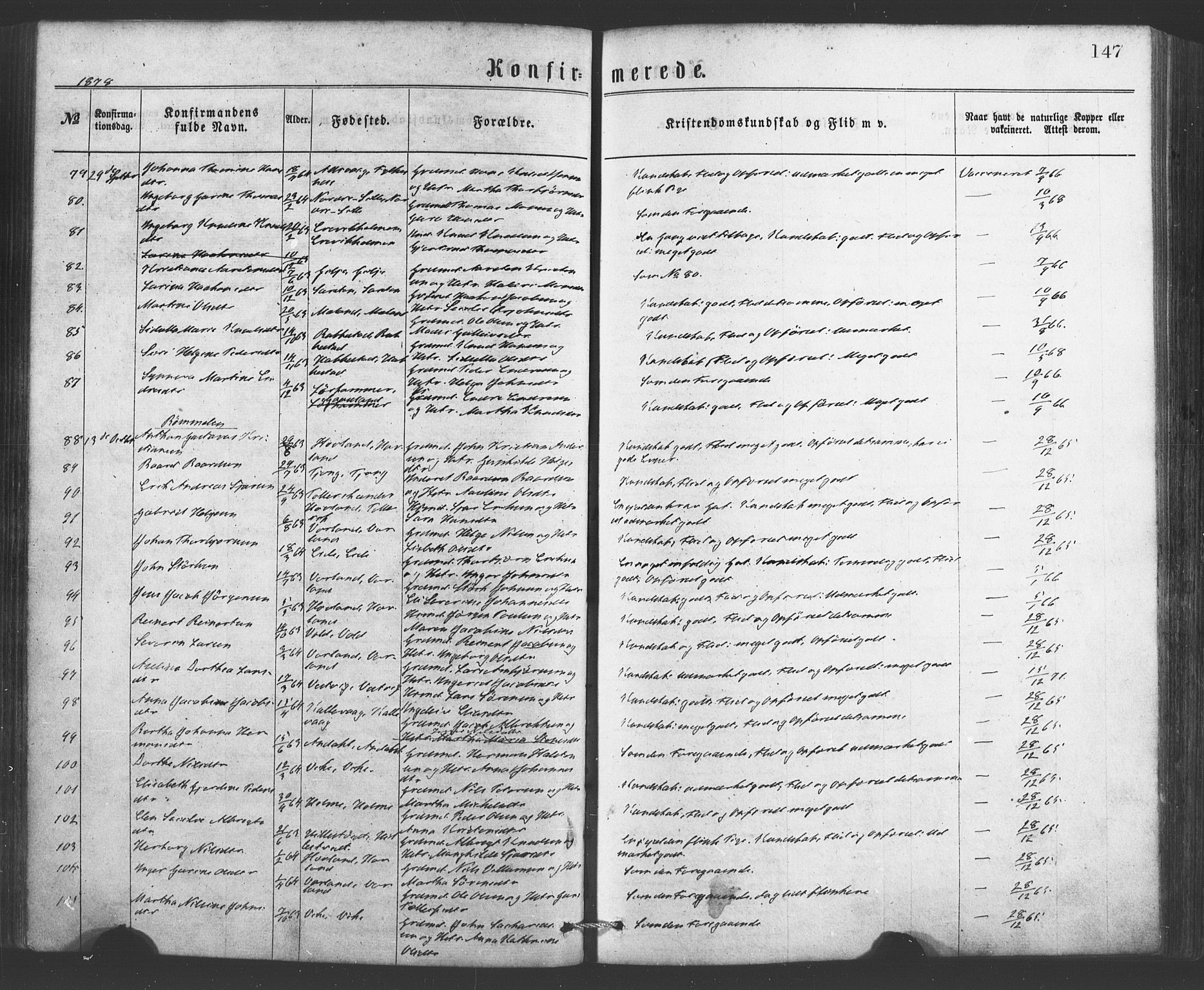Finnås sokneprestembete, AV/SAB-A-99925/H/Ha/Haa/Haaa/L0009: Parish register (official) no. A 9, 1873-1881, p. 147