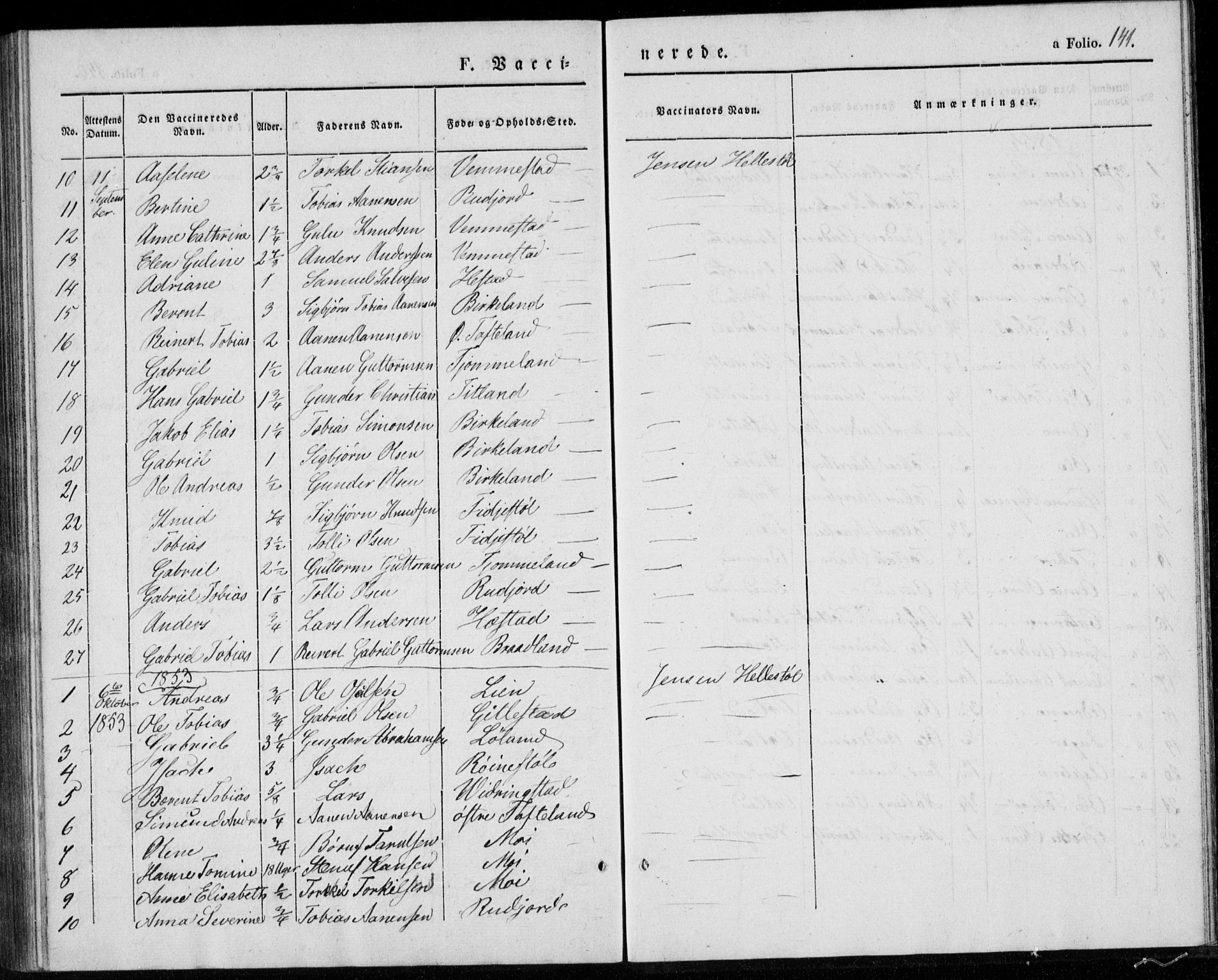 Lyngdal sokneprestkontor, AV/SAK-1111-0029/F/Fa/Fab/L0001: Parish register (official) no. A 1, 1838-1860, p. 141