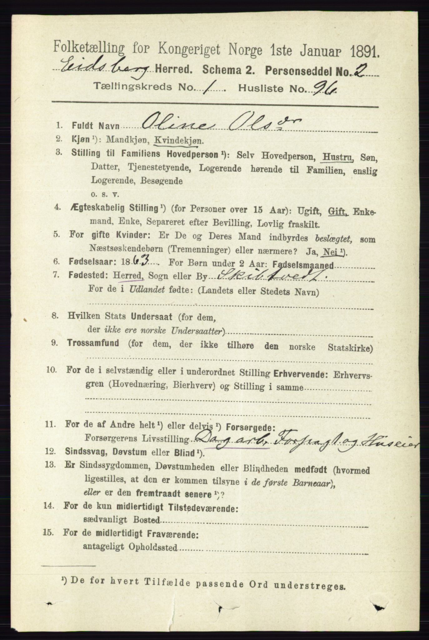 RA, 1891 census for 0125 Eidsberg, 1891, p. 754