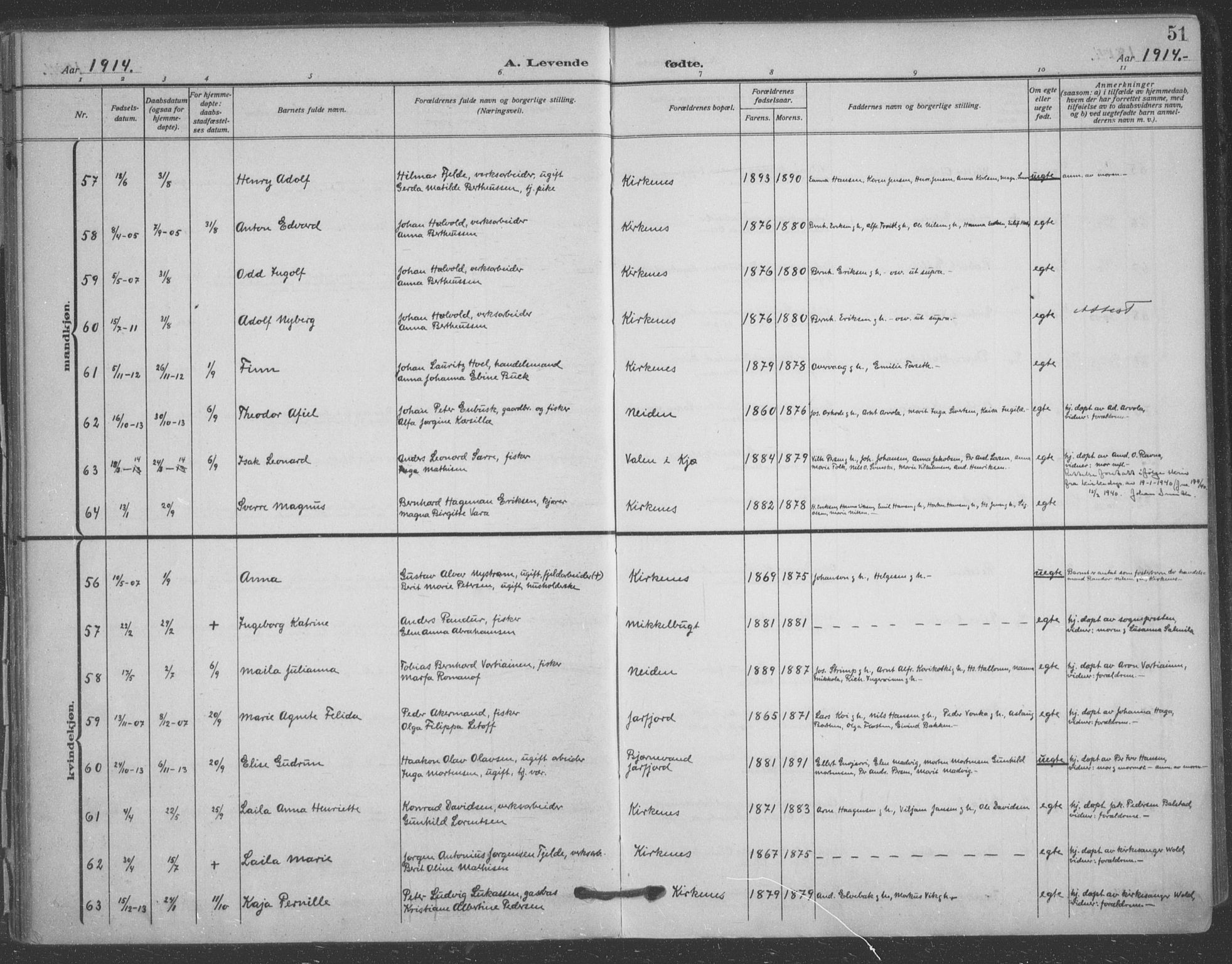 Sør-Varanger sokneprestkontor, AV/SATØ-S-1331/H/Ha/L0005kirke: Parish register (official) no. 5, 1909-1919, p. 51