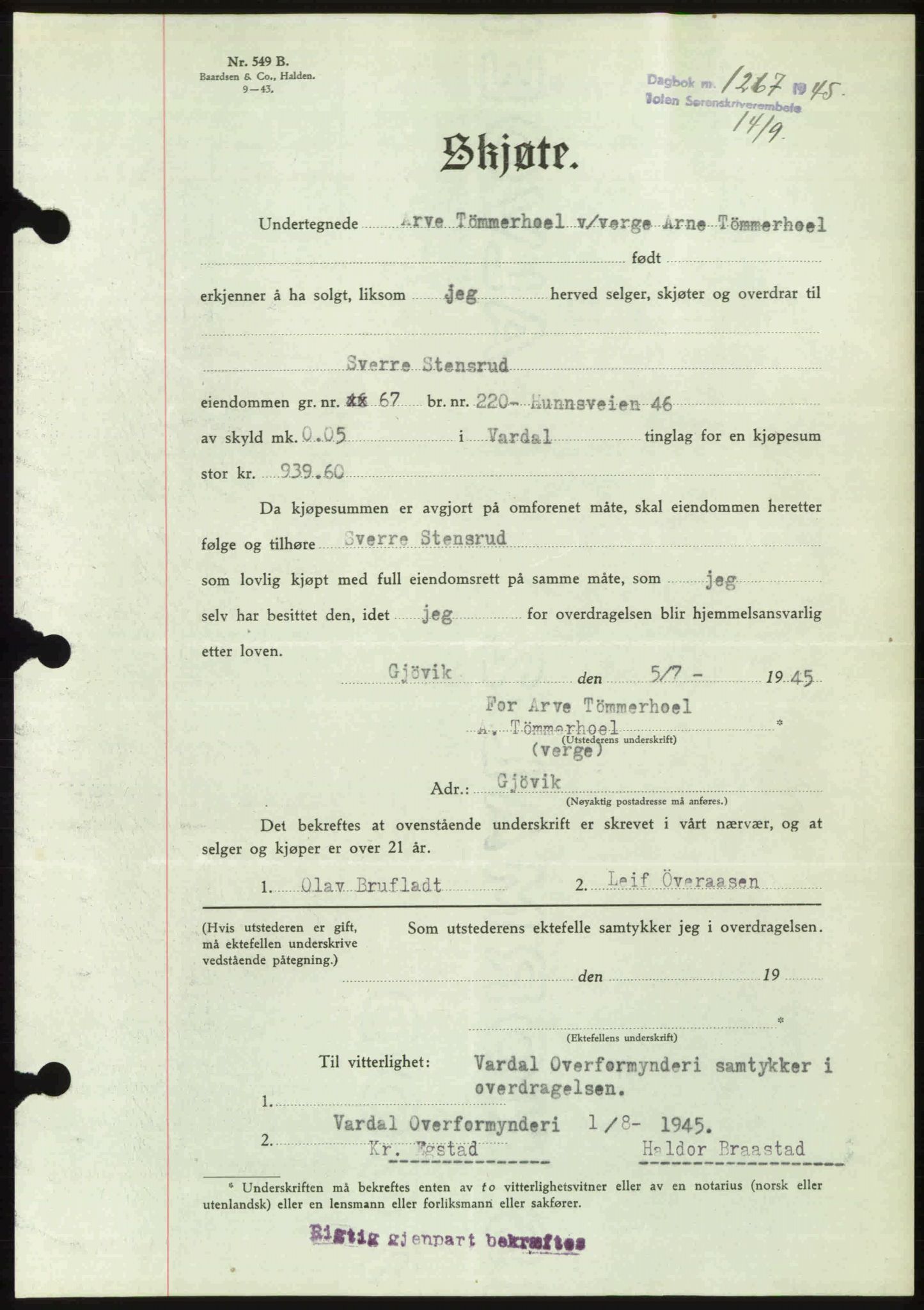 Toten tingrett, SAH/TING-006/H/Hb/Hbc/L0013: Mortgage book no. Hbc-13, 1945-1945, Diary no: : 1267/1945