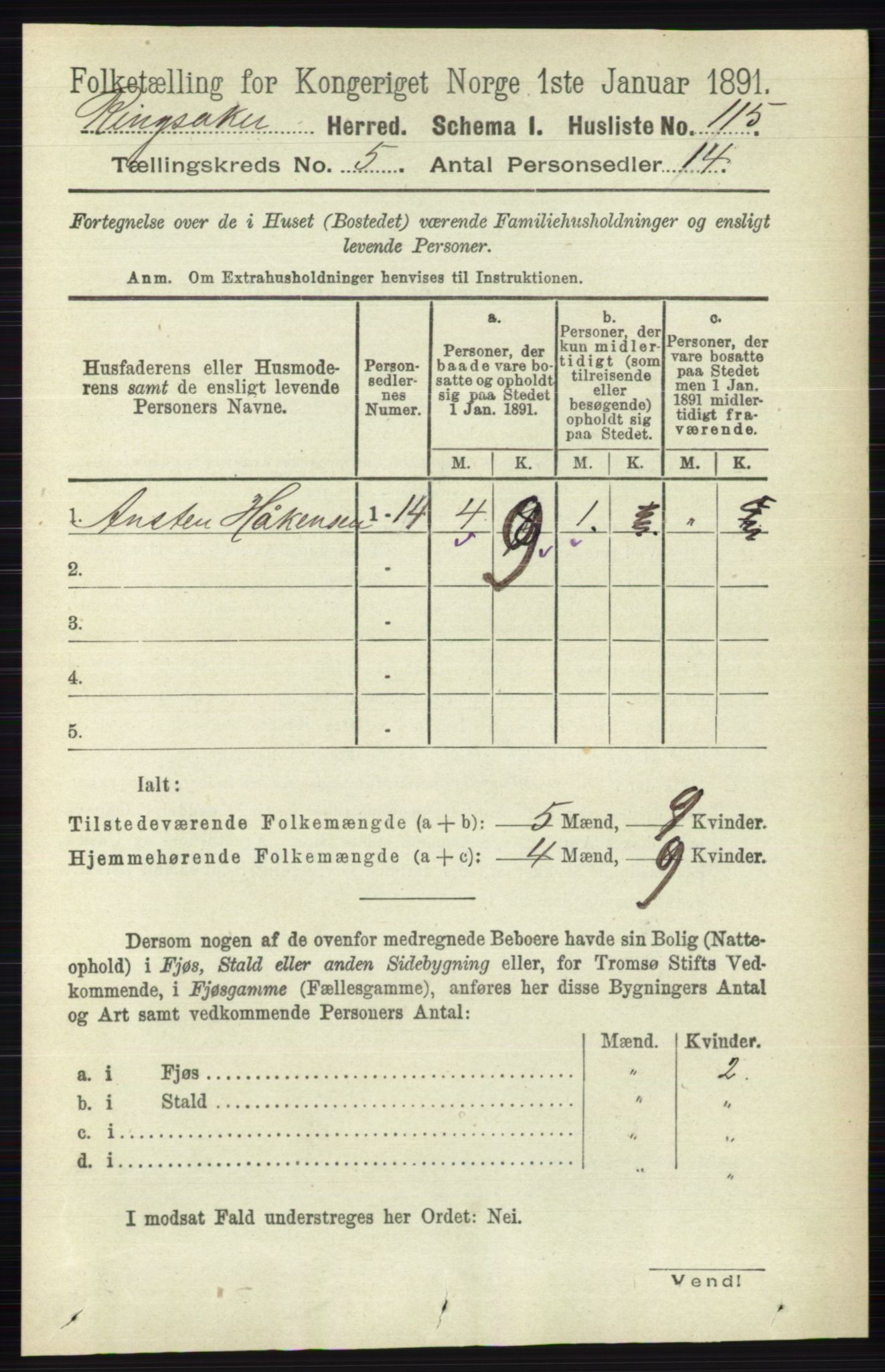 RA, 1891 census for 0412 Ringsaker, 1891, p. 2410