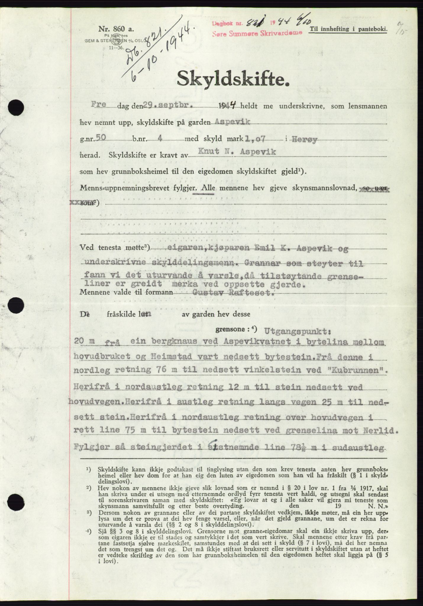 Søre Sunnmøre sorenskriveri, AV/SAT-A-4122/1/2/2C/L0076: Mortgage book no. 2A, 1943-1944, Diary no: : 821/1944