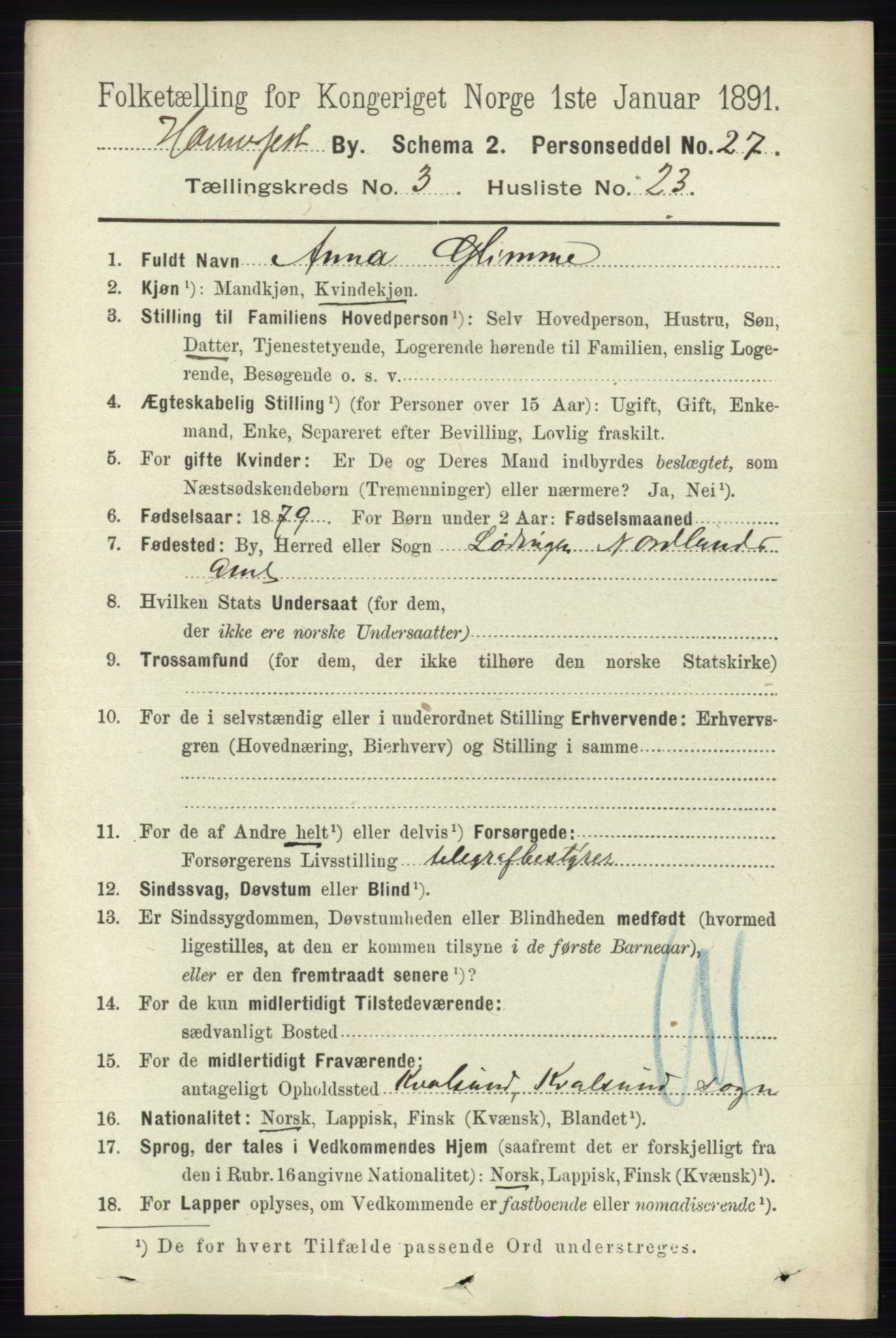 RA, 1891 census for 2001 Hammerfest, 1891, p. 849