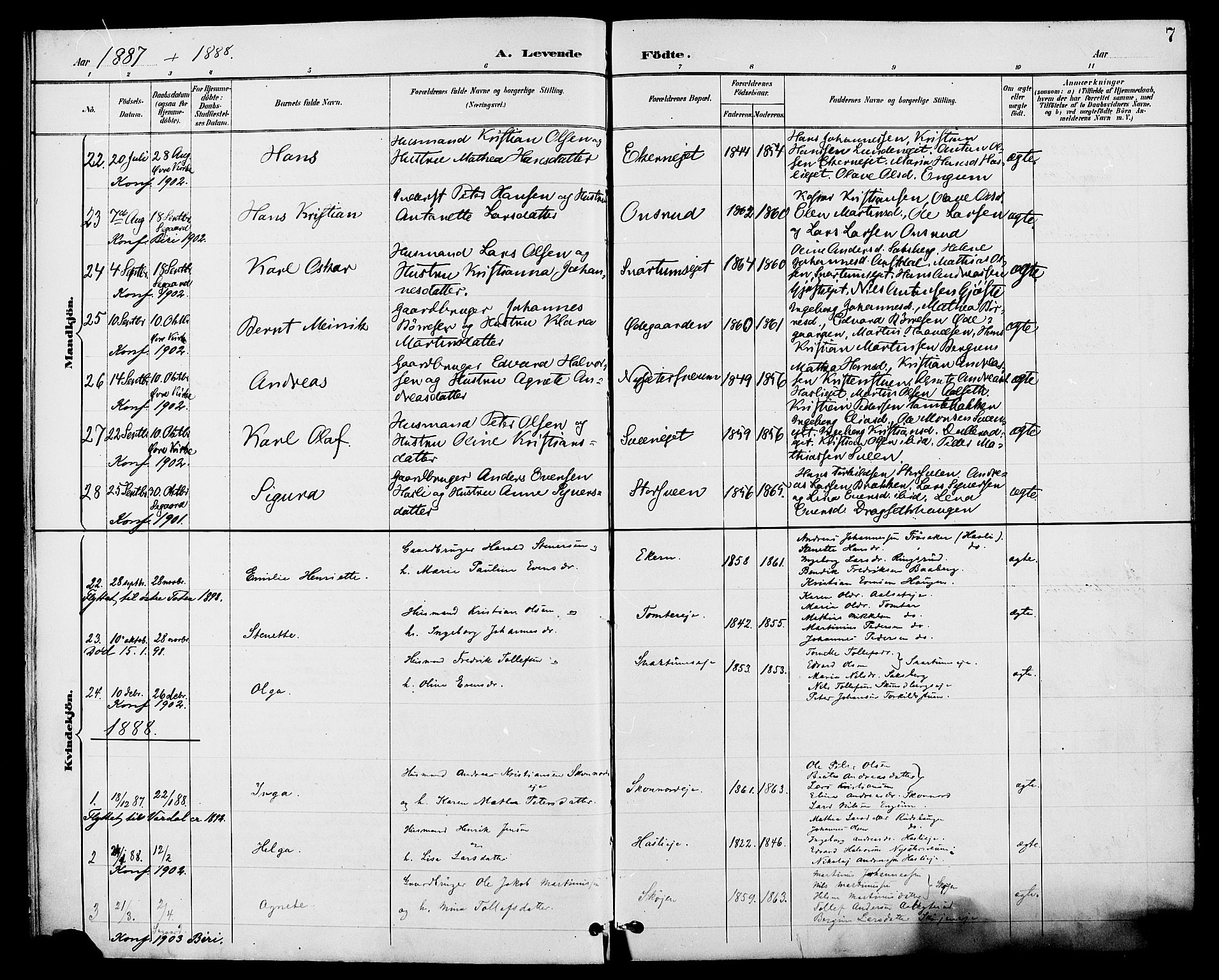 Biri prestekontor, SAH/PREST-096/H/Ha/Haa/L0007: Parish register (official) no. 7, 1887-1893, p. 7