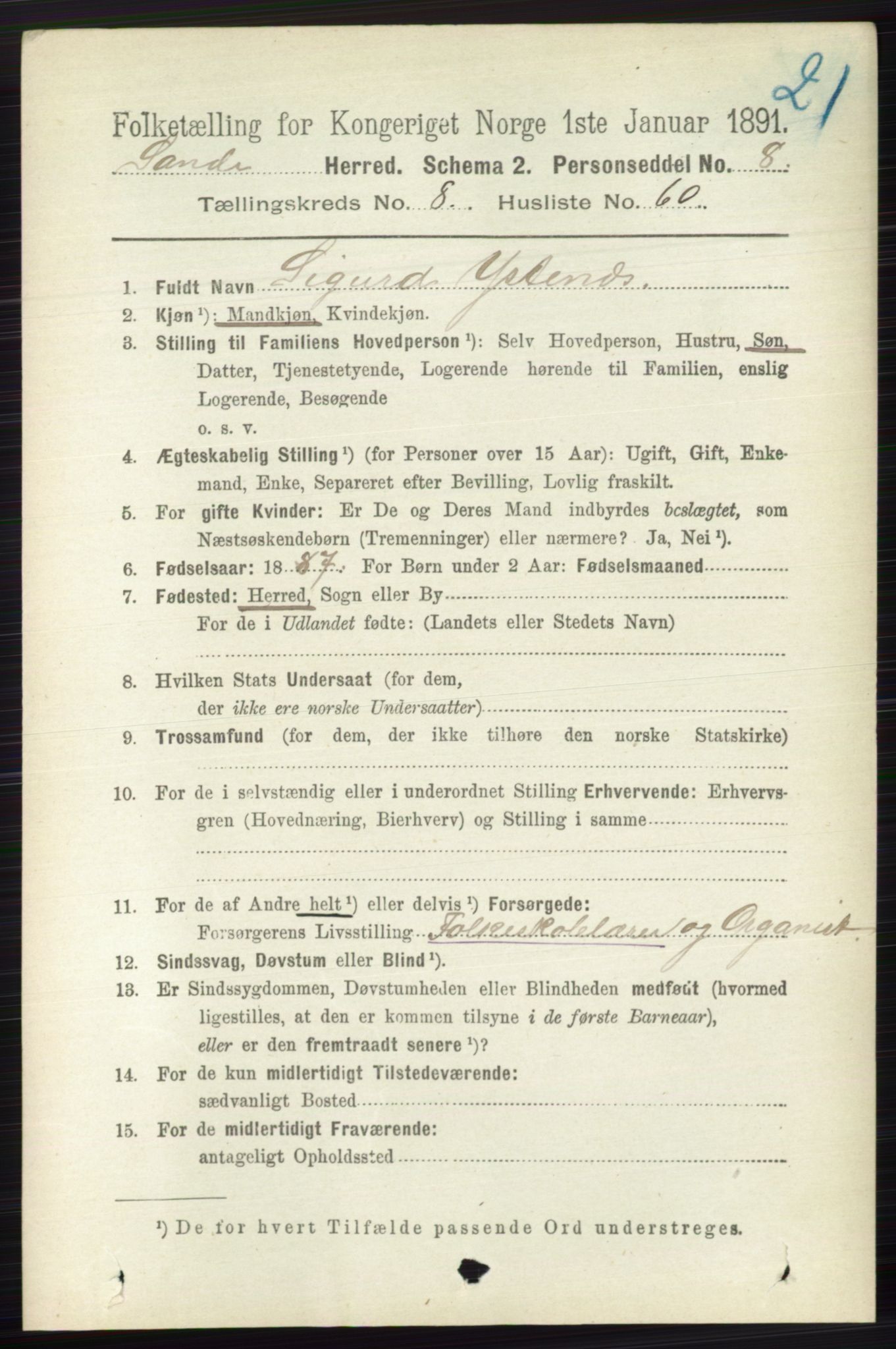 RA, 1891 census for 0713 Sande, 1891, p. 3841