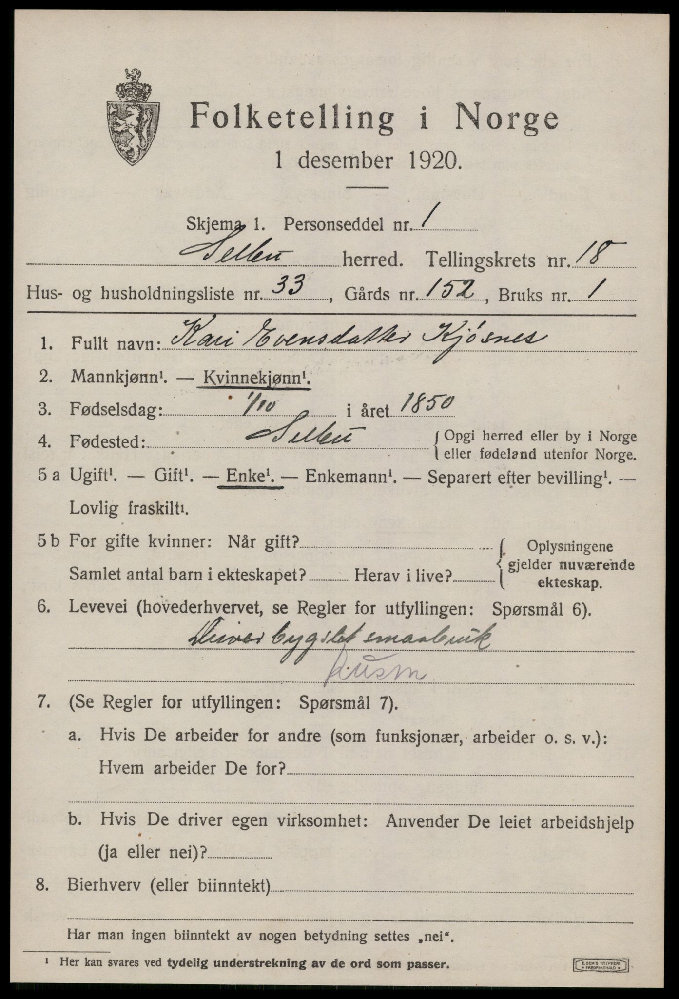 SAT, 1920 census for Selbu, 1920, p. 9778