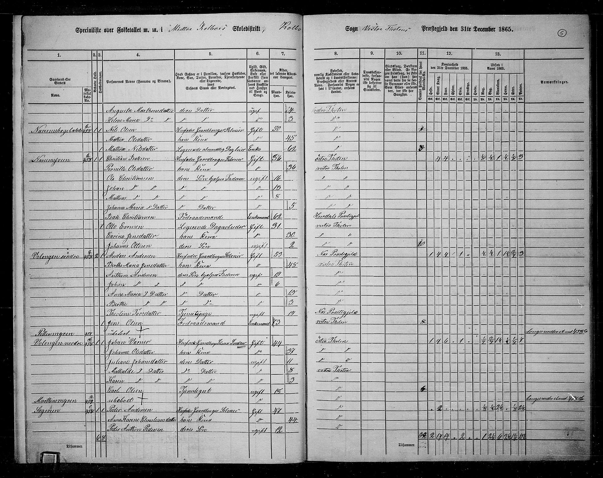 RA, 1865 census for Vestre Toten, 1865, p. 169