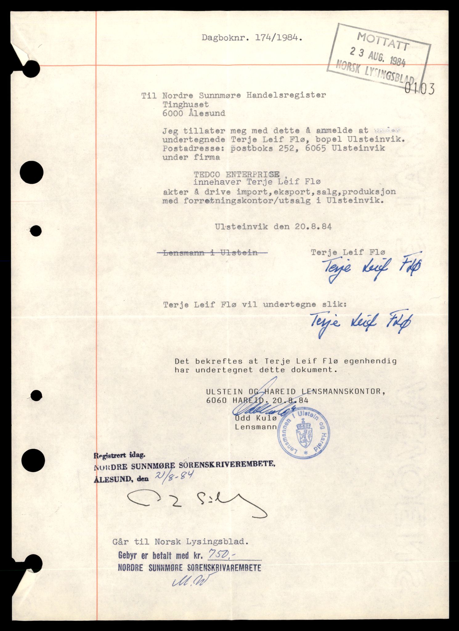 Nordre Sunnmøre sorenskriveri, SAT/A-0006/2/J/Jd/Jde/L0016: Bilag. Enkeltmannsforetak, T-V, 1944-1990, p. 3