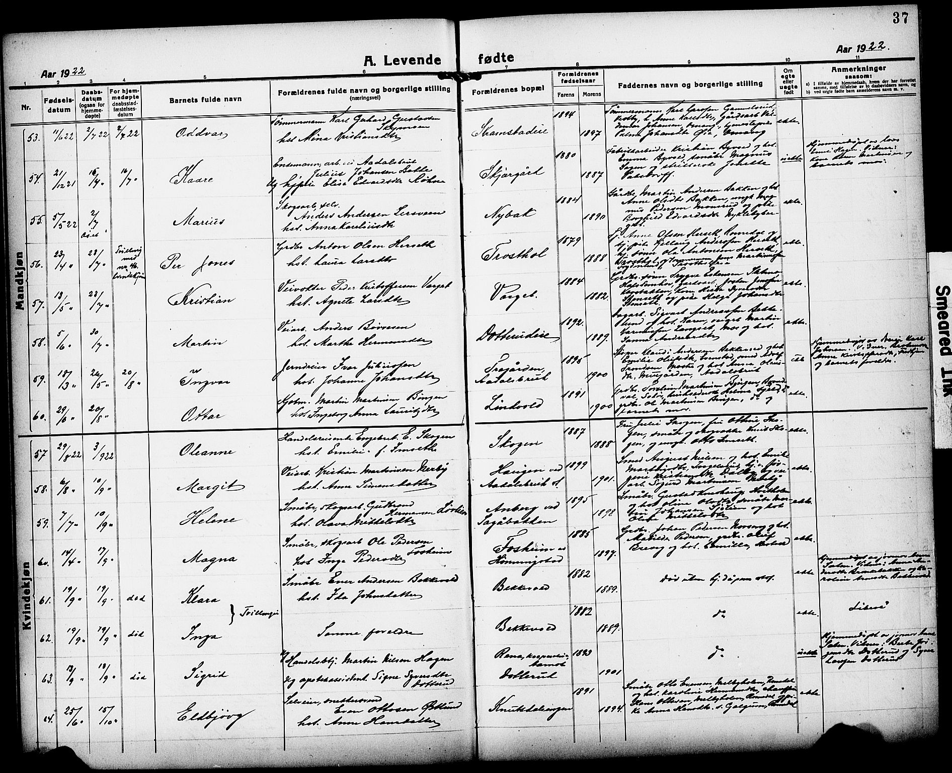 Løten prestekontor, AV/SAH-PREST-022/L/La/L0008: Parish register (copy) no. 8, 1920-1929, p. 37