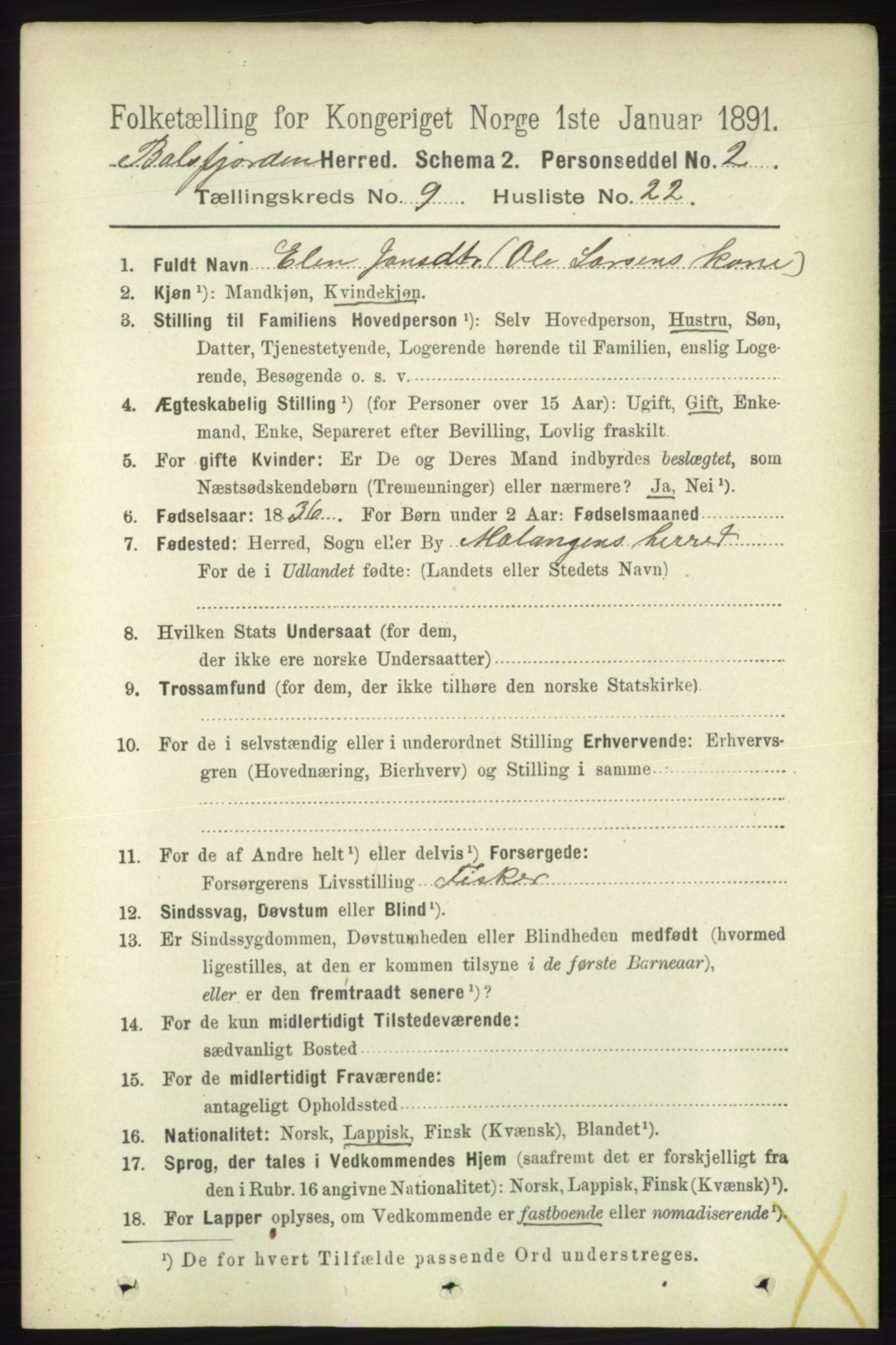 RA, 1891 census for 1933 Balsfjord, 1891, p. 3285