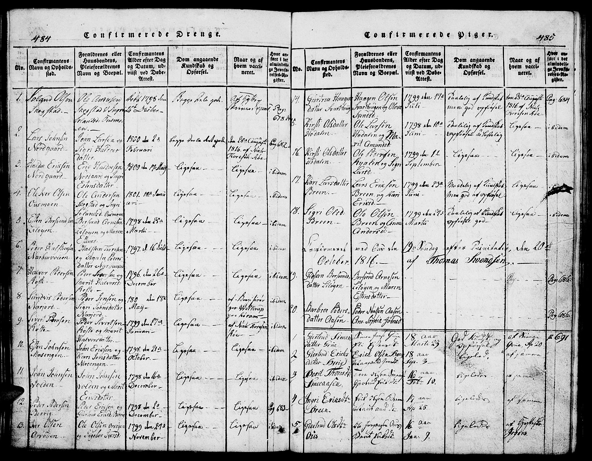 Tolga prestekontor, SAH/PREST-062/L/L0002: Parish register (copy) no. 2, 1815-1844, p. 484-485