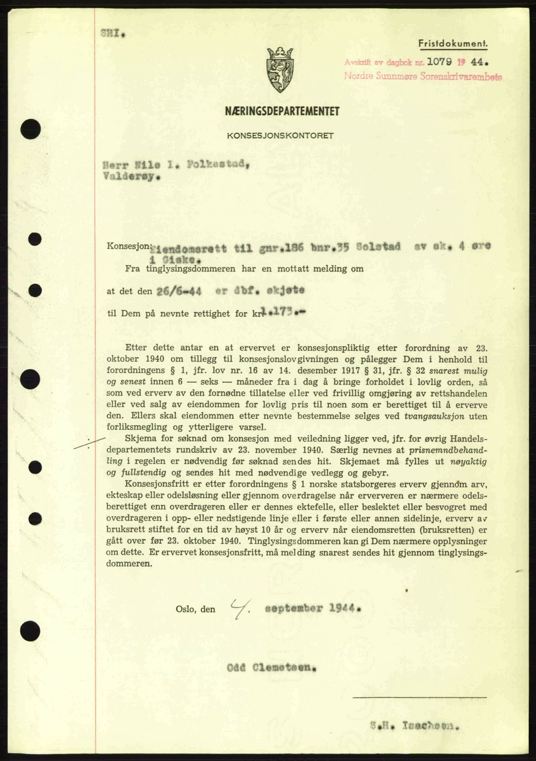 Nordre Sunnmøre sorenskriveri, SAT/A-0006/1/2/2C/2Ca: Mortgage book no. B6-14 a, 1942-1945, Diary no: : 1079/1944