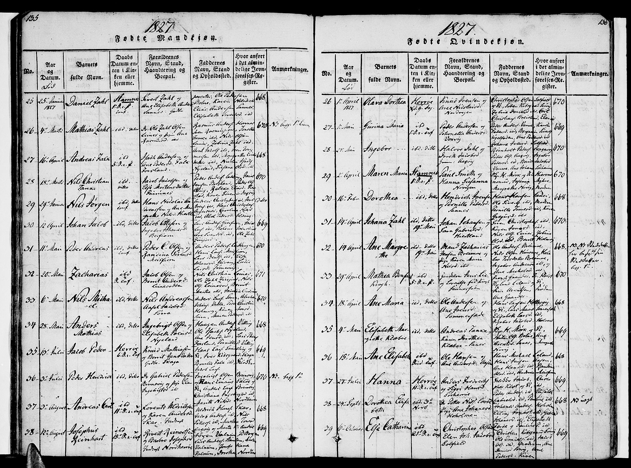 Ministerialprotokoller, klokkerbøker og fødselsregistre - Nordland, SAT/A-1459/830/L0445: Parish register (official) no. 830A09, 1820-1830, p. 135-136