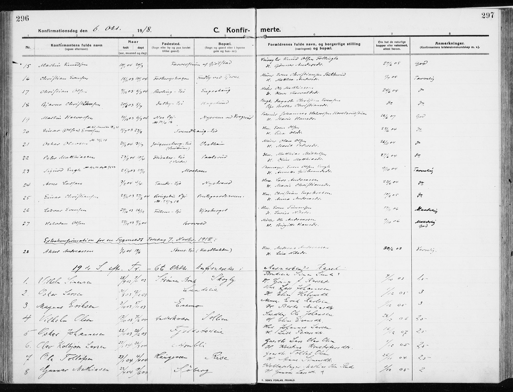 Ringsaker prestekontor, AV/SAH-PREST-014/K/Ka/L0020: Parish register (official) no. 20, 1913-1922, p. 296-297