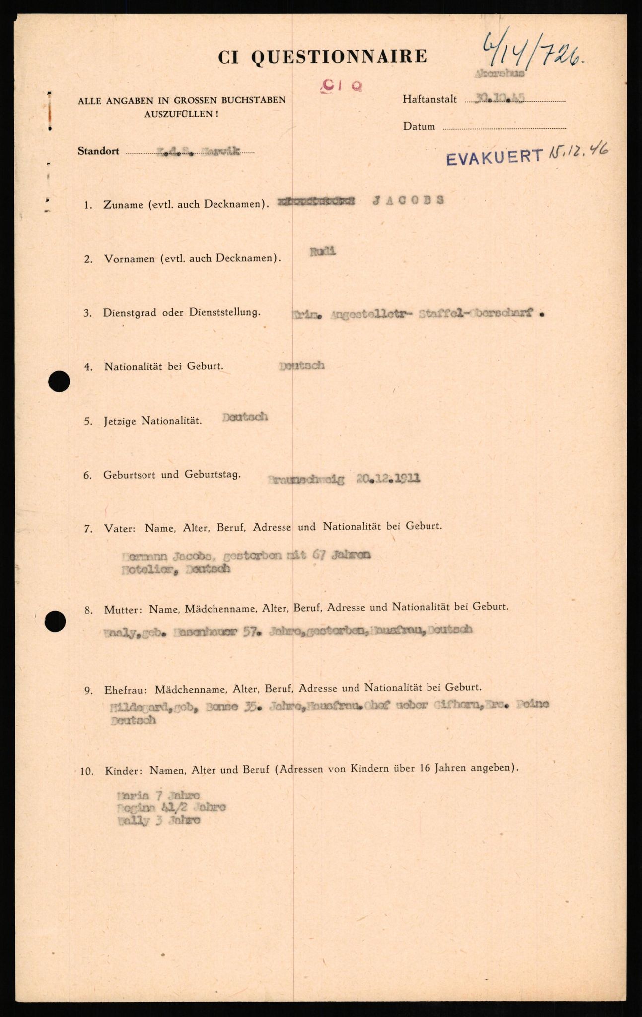 Forsvaret, Forsvarets overkommando II, RA/RAFA-3915/D/Db/L0014: CI Questionaires. Tyske okkupasjonsstyrker i Norge. Tyskere., 1945-1946, p. 441