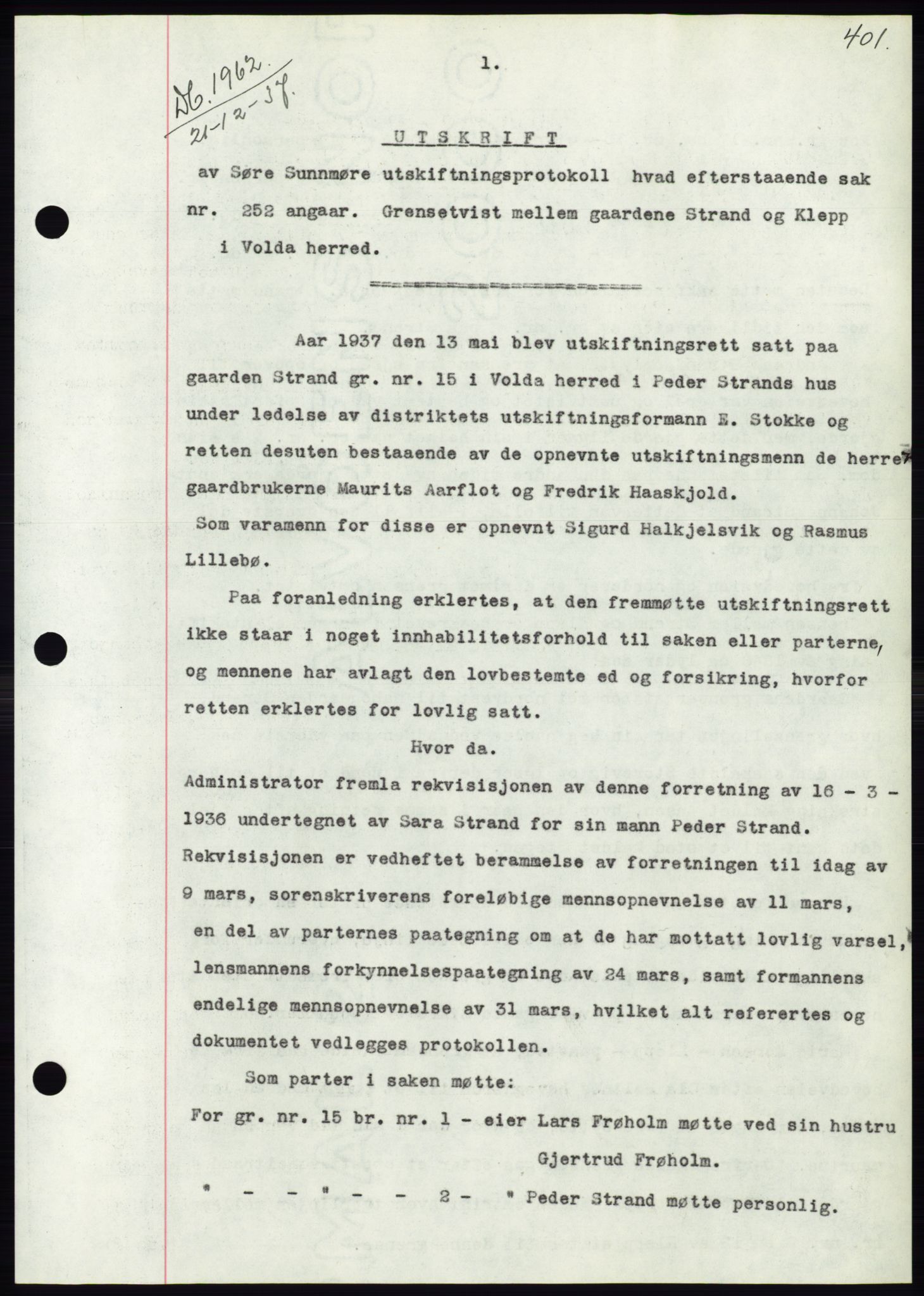 Søre Sunnmøre sorenskriveri, AV/SAT-A-4122/1/2/2C/L0064: Mortgage book no. 58, 1937-1938, Diary no: : 1962/1937