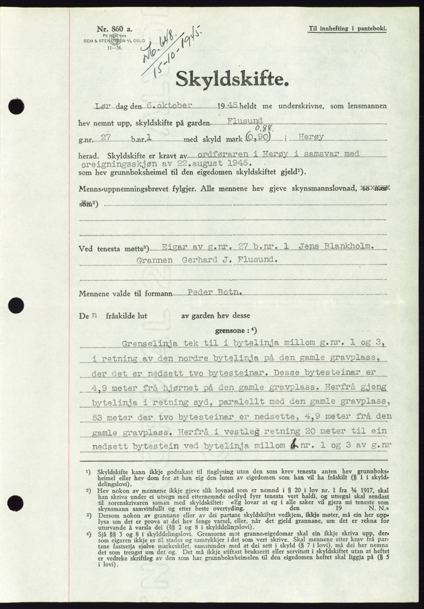 Søre Sunnmøre sorenskriveri, AV/SAT-A-4122/1/2/2C/L0077: Mortgage book no. 3A, 1945-1946, Diary no: : 648/1945