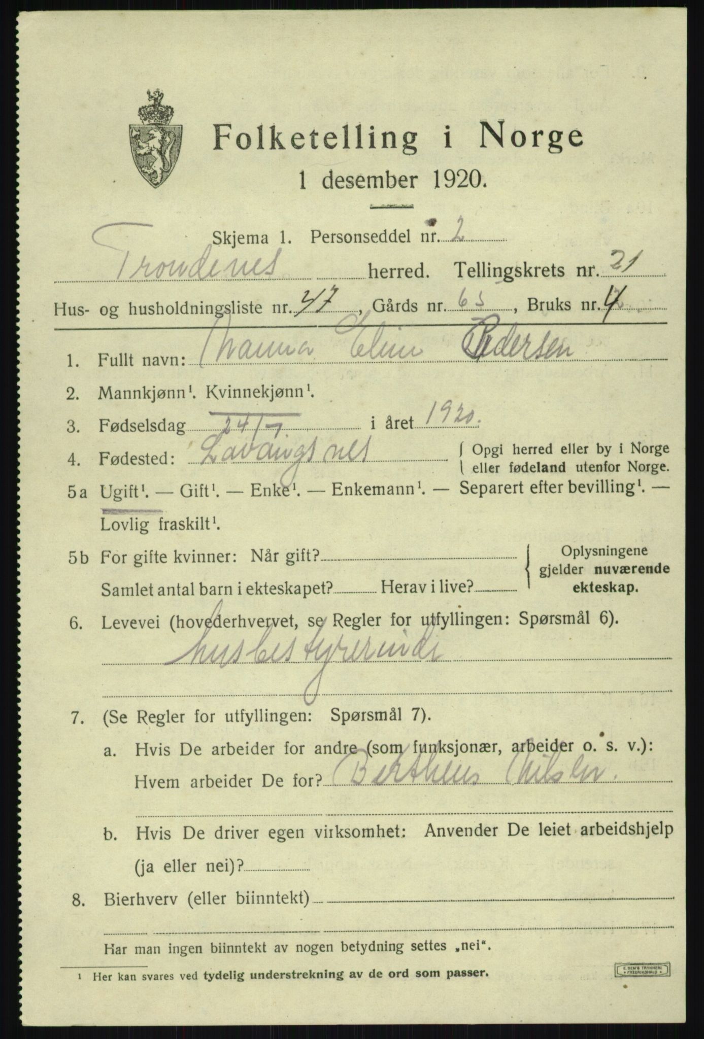 SATØ, 1920 census for Trondenes, 1920, p. 17122
