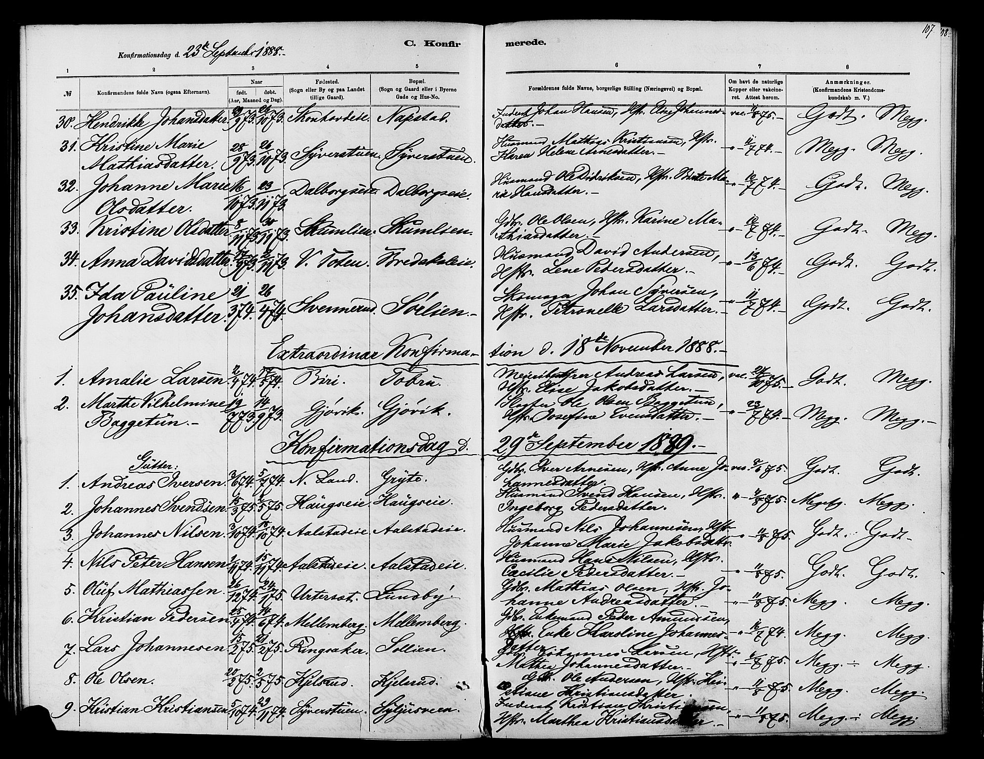 Vardal prestekontor, SAH/PREST-100/H/Ha/Haa/L0010: Parish register (official) no. 10, 1878-1893, p. 107