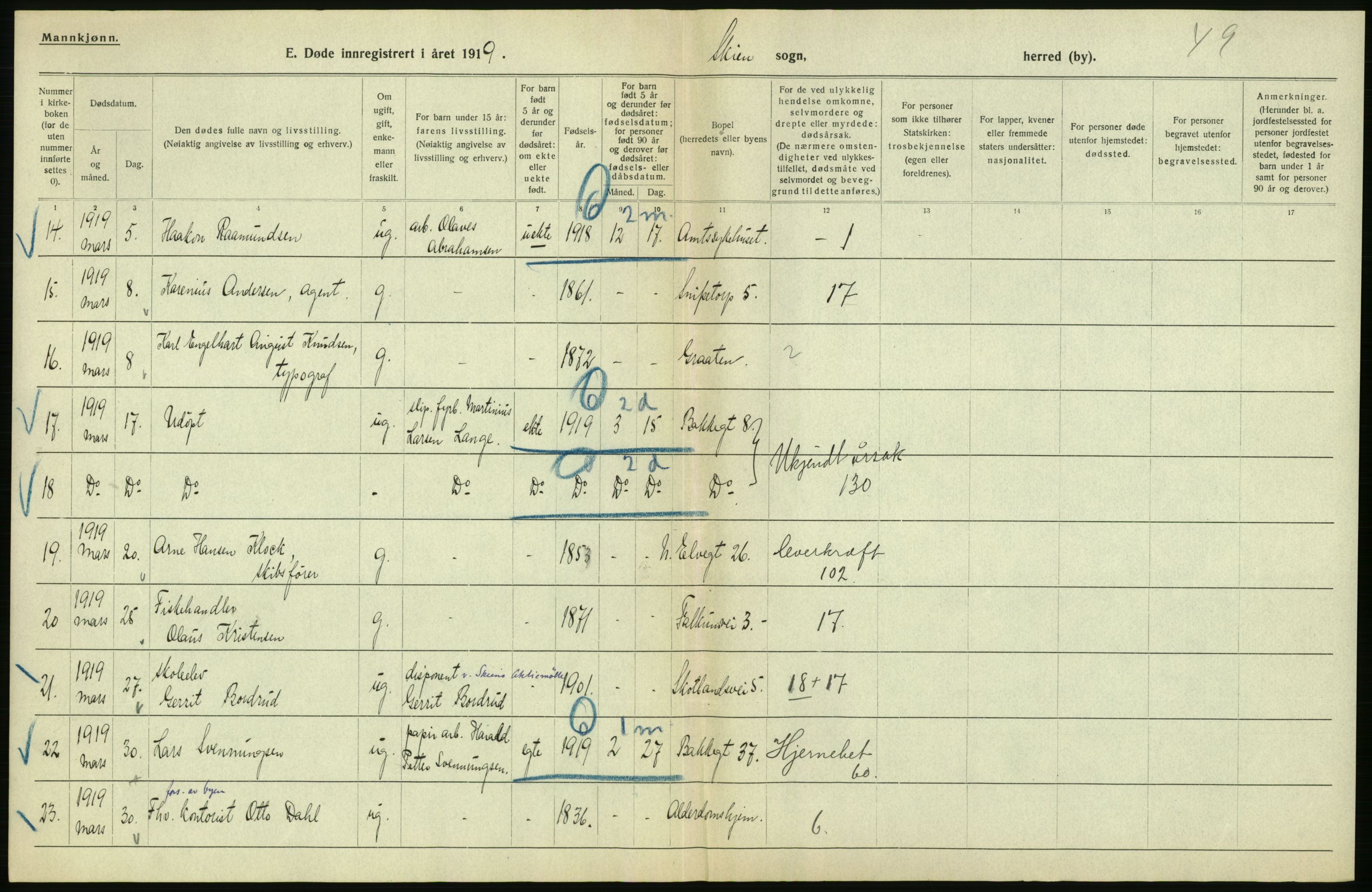 Statistisk sentralbyrå, Sosiodemografiske emner, Befolkning, AV/RA-S-2228/D/Df/Dfb/Dfbi/L0023: Telemark fylke: Døde. Bygder og byer., 1919, p. 392