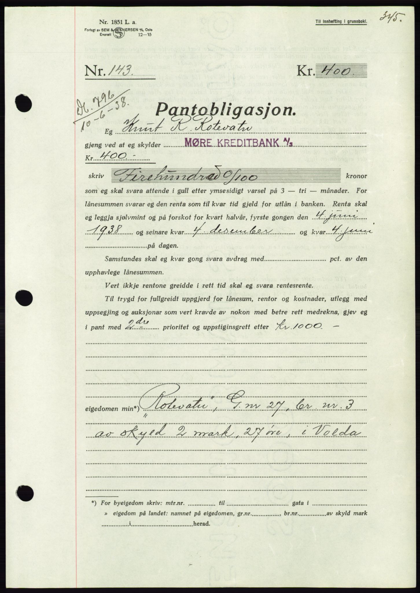 Søre Sunnmøre sorenskriveri, AV/SAT-A-4122/1/2/2C/L0065: Mortgage book no. 59, 1938-1938, Diary no: : 796/1938