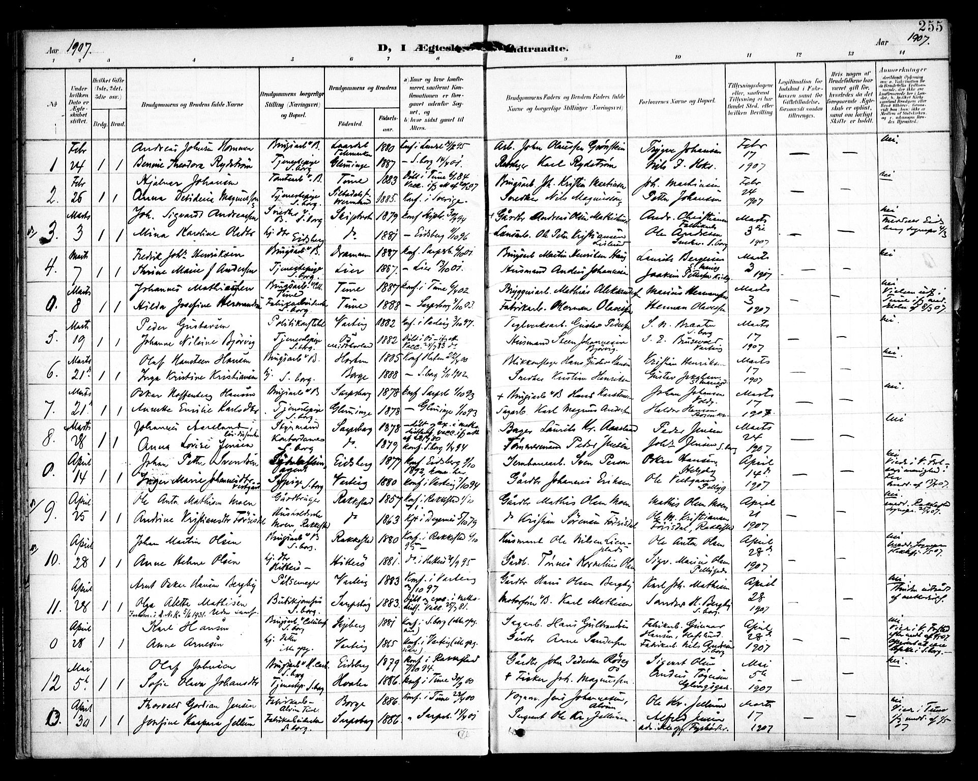 Sarpsborg prestekontor Kirkebøker, AV/SAO-A-2006/F/Fa/L0006: Parish register (official) no. 6, 1900-1909, p. 255