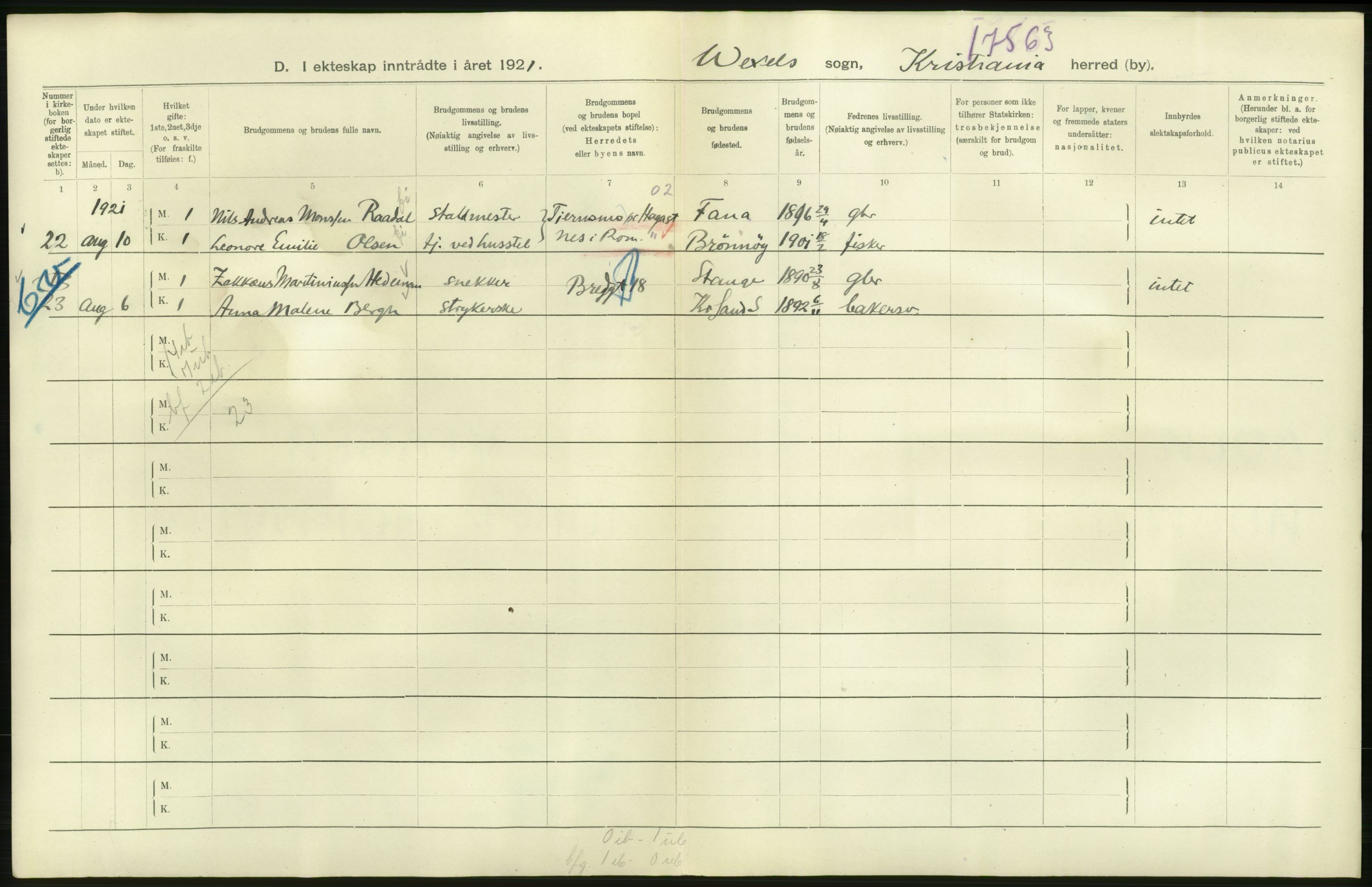 Statistisk sentralbyrå, Sosiodemografiske emner, Befolkning, RA/S-2228/D/Df/Dfc/Dfca/L0011: Kristiania: Gifte, 1921, p. 624