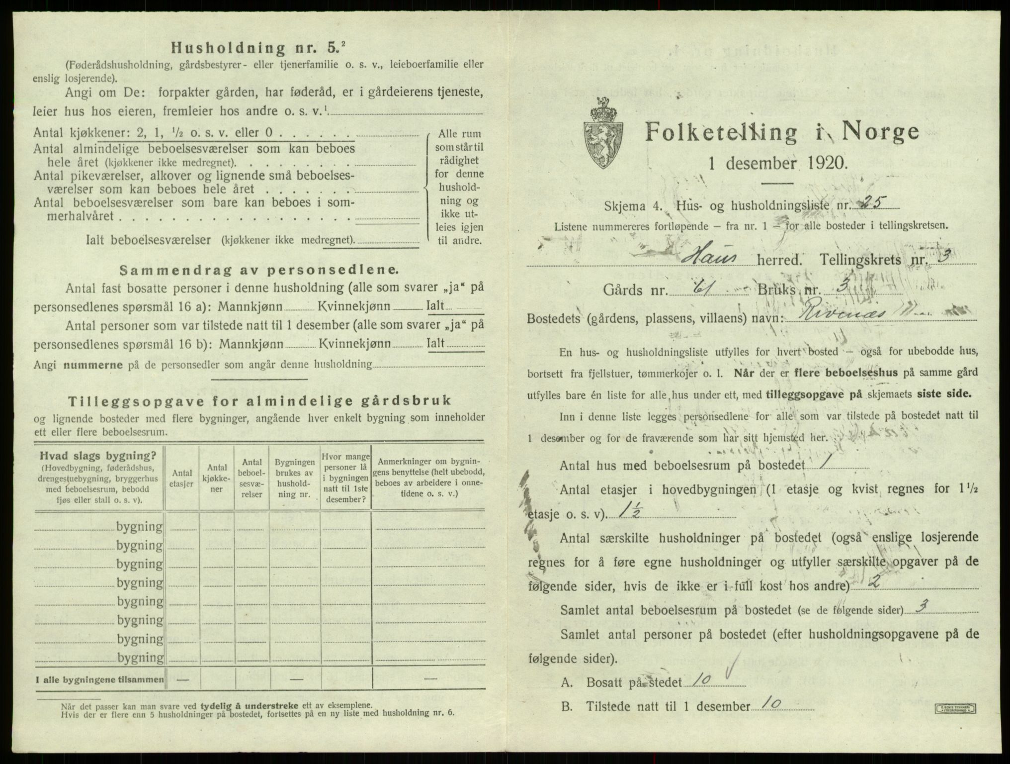 SAB, 1920 census for Haus, 1920, p. 241